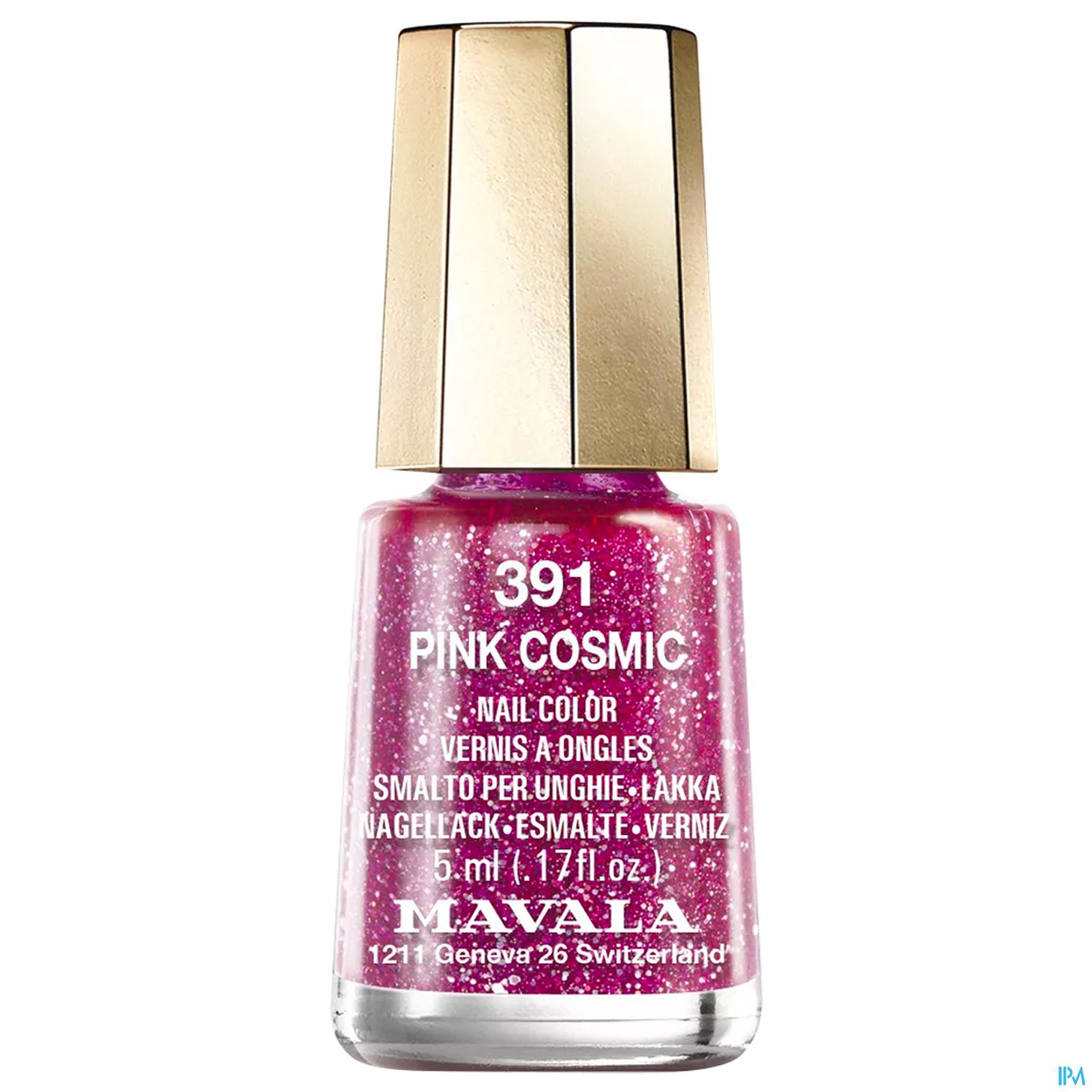 Flasche Nagellack in Pink mit Glitzer und goldener Kappe, mit der Aufschrift "MAVALA 391 PINK COSMIC".