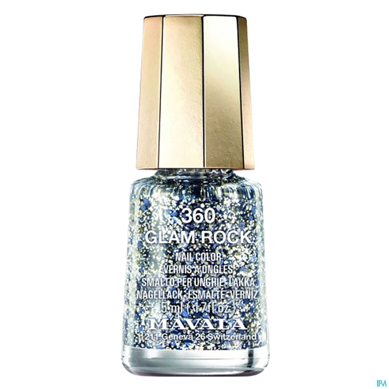 Flasche mit glitzerndem Nagellack in der Farbe "Glam Rock", 15 ml, mit goldfarbener Kappe.