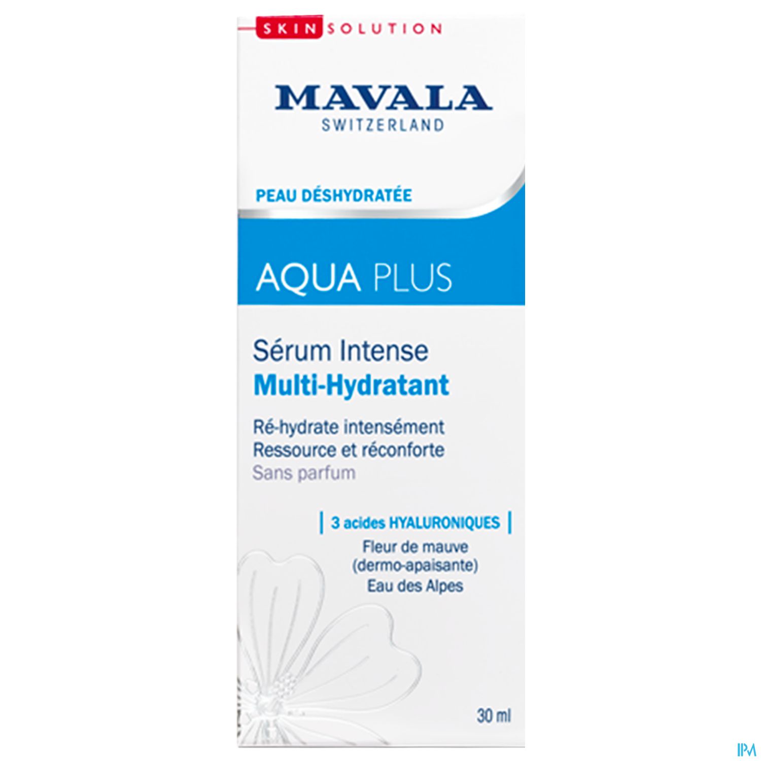 Produktverpackung für Mavala Aqua Plus Serum Intense Multi-Hydratant, 30 ml, mit Beschreibung und Diagramm der Inhaltsstoffe.
