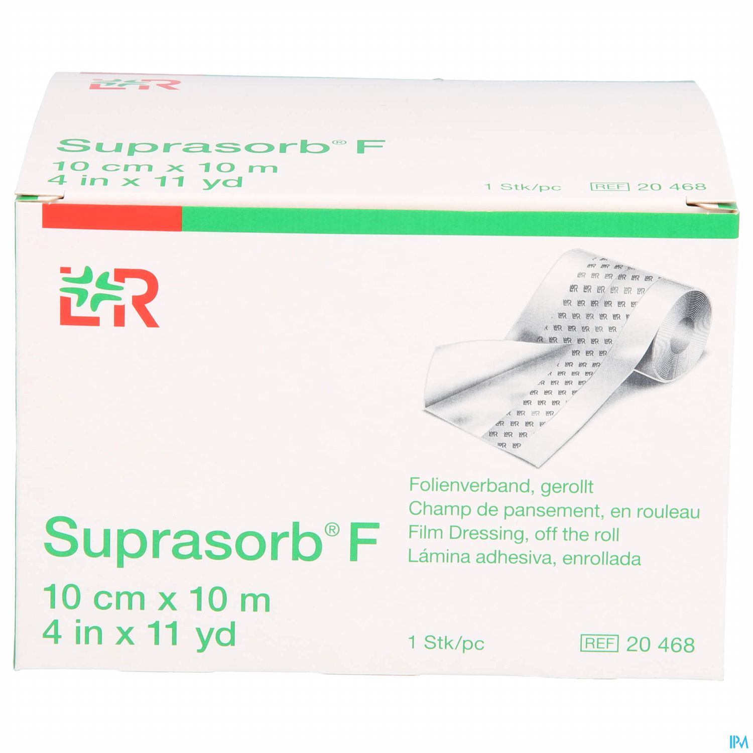 Packung mit Suprasorb® F Folienverband, gerollt, 10 cm x 10 m, mit englischer und spanischer Beschriftung.