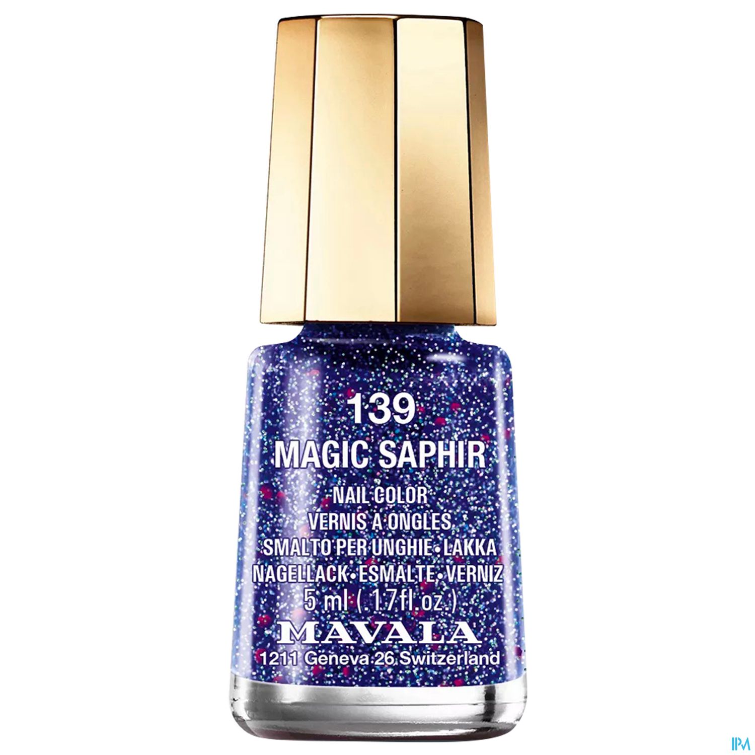 Nagellackflasche "Magic Saphir" von Mavala mit blauer Farbnuance und glitzernden Partikeln.