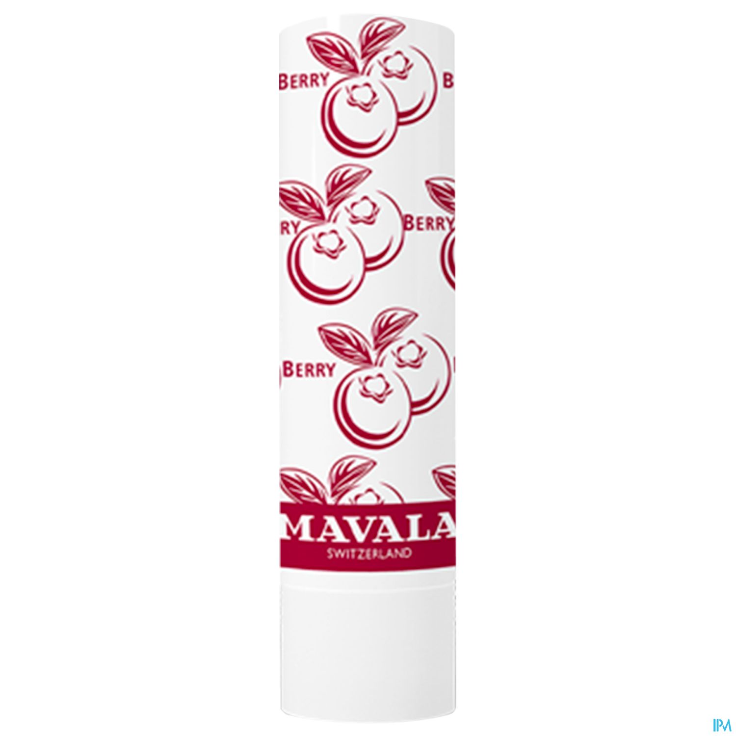 Röhre mit Lippenbalsam, dekoriert mit roten Beerenmotiven und dem Schriftzug "MAVA LAB SWITZERLAND".