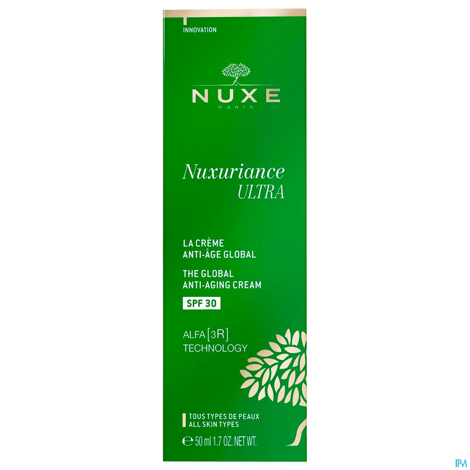 Produktverpackung von NUXE Nuxuriance Ultra, einer Anti-Aging-Creme mit SPF 30, grün und weiß gestaltet.