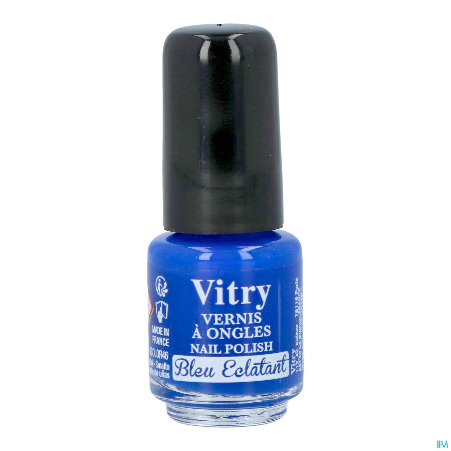 Nagellackflasche in leuchtendem Blau mit schwarzem Deckel, beschriftet mit "Vitry Vernis à Ongles Nail Polish".