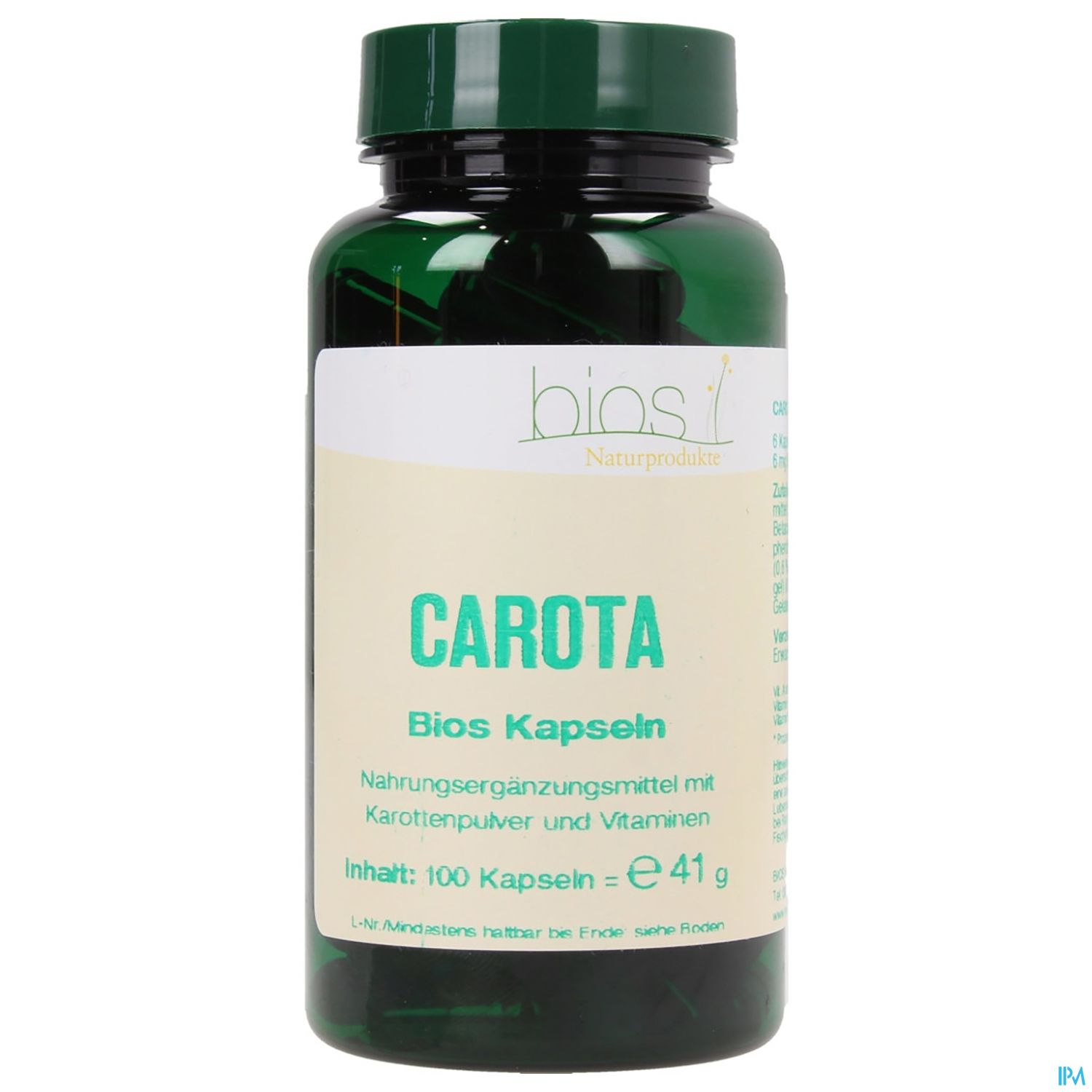 Grüne Flasche mit der Aufschrift "CAROTA" und Informationen über ein Nahrungsergänzungsmittel mit Karottenpulver und Vitaminen. Inhalte: 100 Kapseln, Gesamtgewicht 41 g.