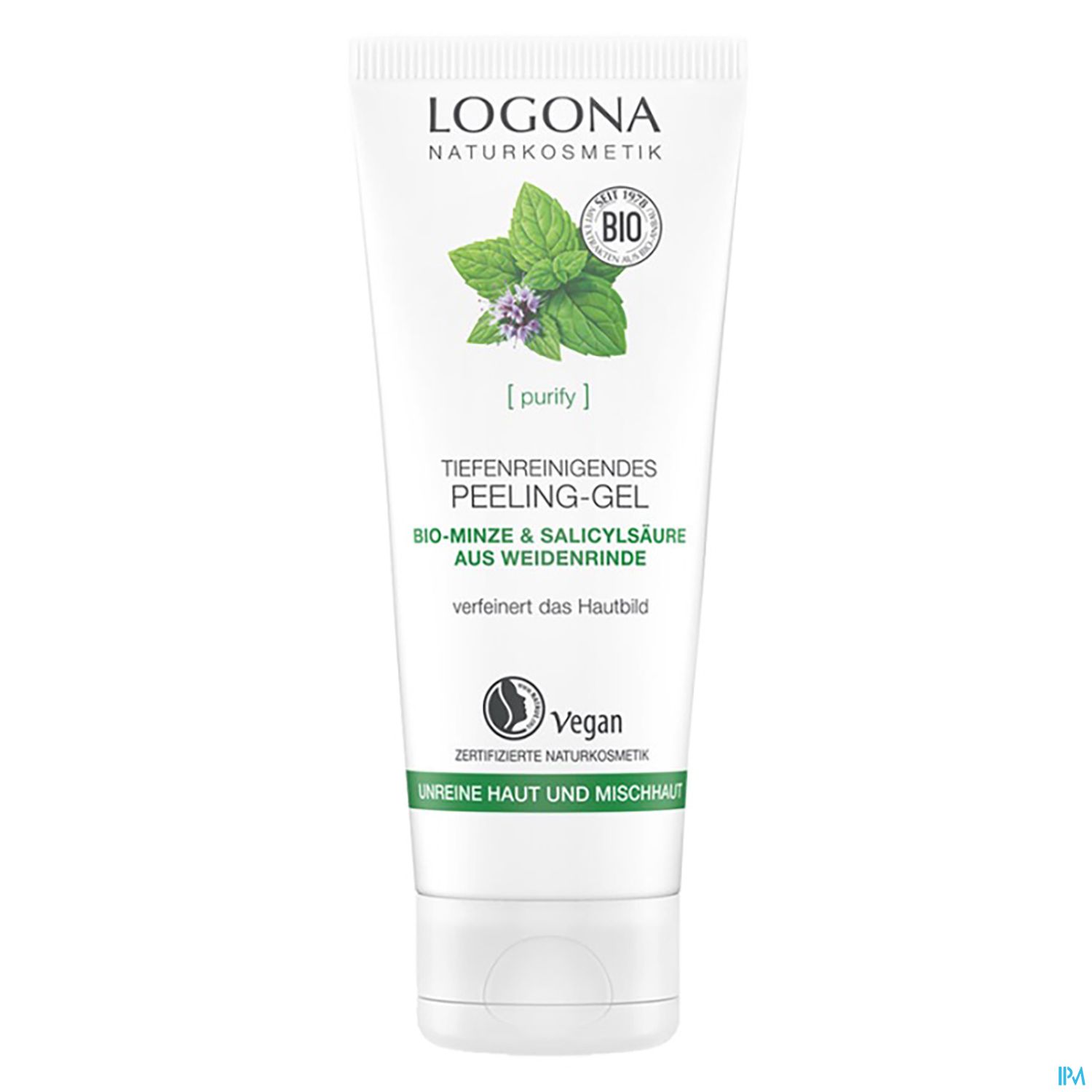 Tube mit Peeling-Gel von Logona Naturkosmetik, mit der Aufschrift "Tiefenreinigendes Peeling-Gel" und Bildern von Bio-Minze und Weidenrinde. Vegan und für unreine Haut geeignet.