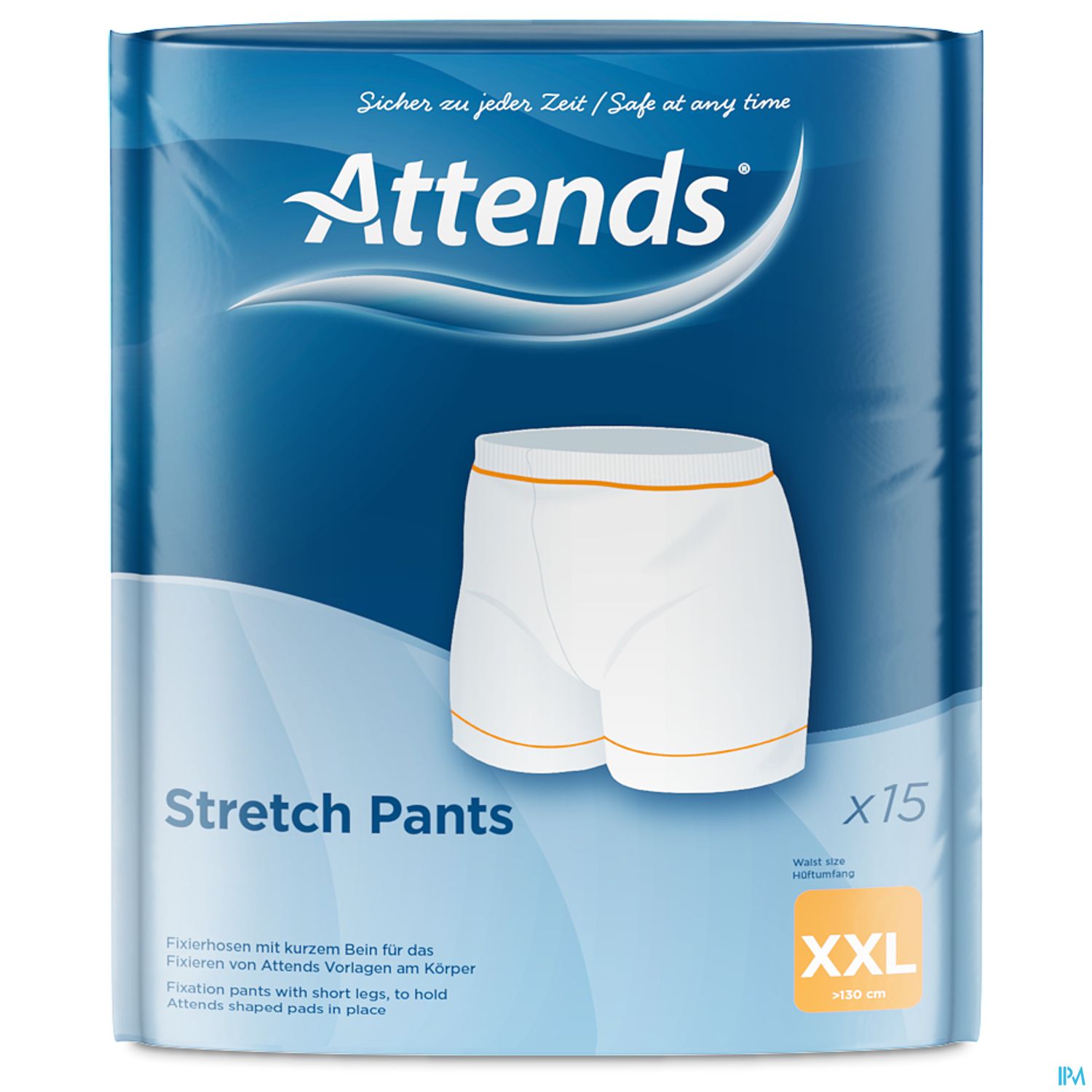 Verpackung von Attends Stretch Pants in XXL, zeigt weiße Unterwäsche mit orangefarbenen Details.