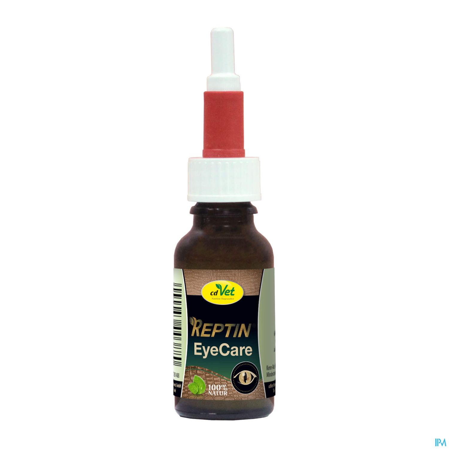 Flasche mit Augentropfen namens "Reptin Eye Care" von caVet, mit rotem Deckel und Etikett.