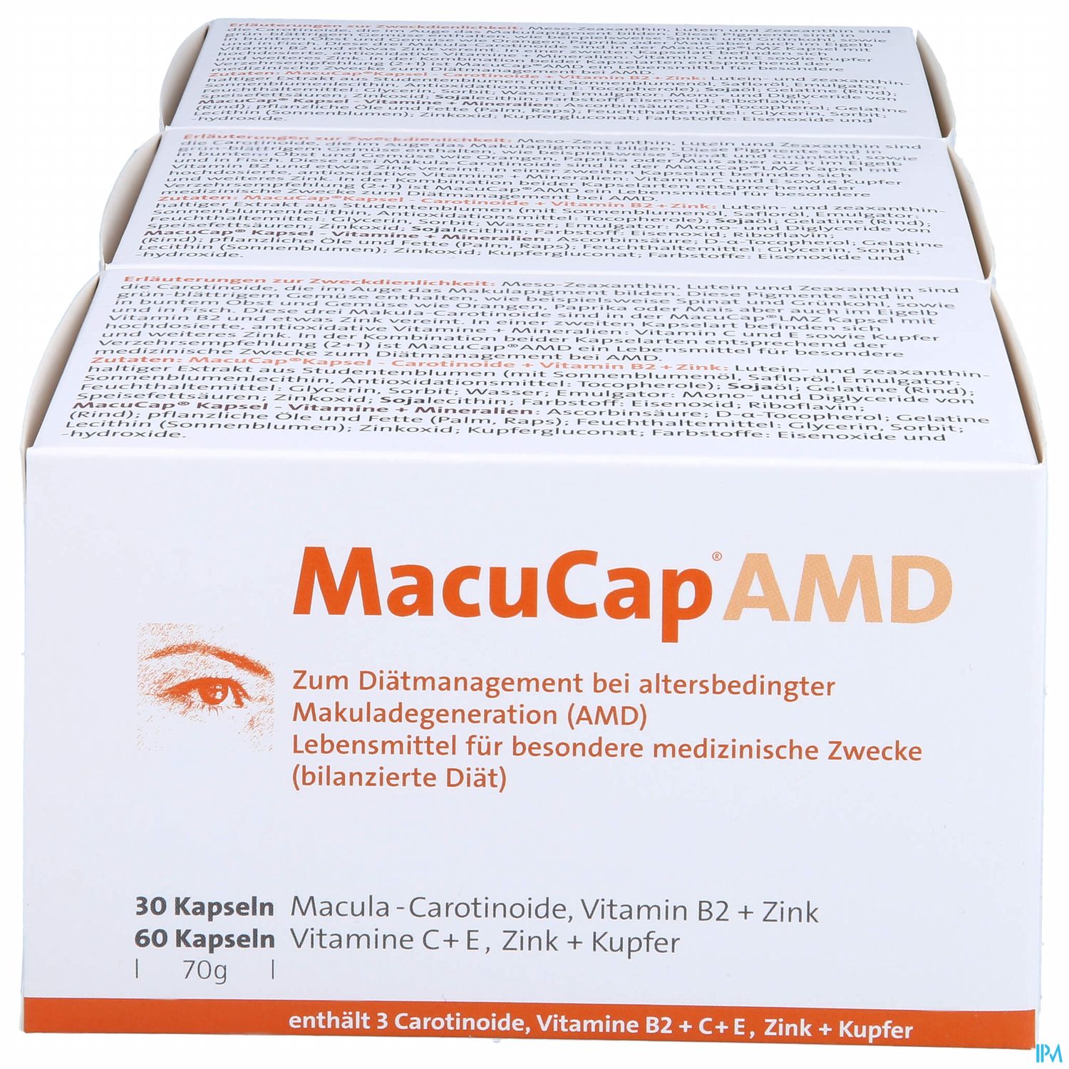 Braun-weiße Verpackung mit der Aufschrift "MacuCap AMD" und Hinweisen zu Inhaltsstoffen und Verwendungszweck.
