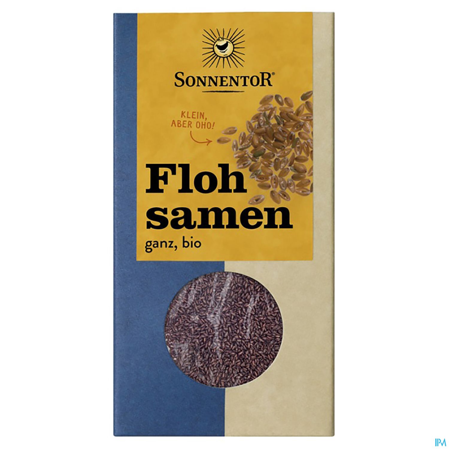 Verpackung mit Flohsamen von Sonnentor, ganz und bio, auf gelbem Hintergrund mit einem Sichtfenster zur Darstellung der Samen.
