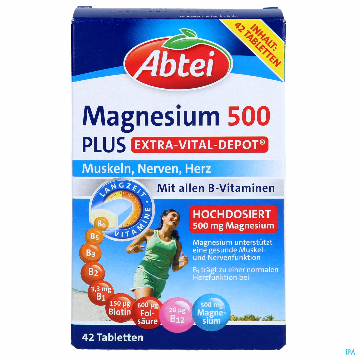 Packung von Abtei Magnesium 500 PLUS Extra-Vital-Depot mit 42 Tabletten, die für die Unterstützung von Muskeln, Nerven und Herz beworben wird. Enthält Informationen zu B-Vitaminen und Dosierung.
