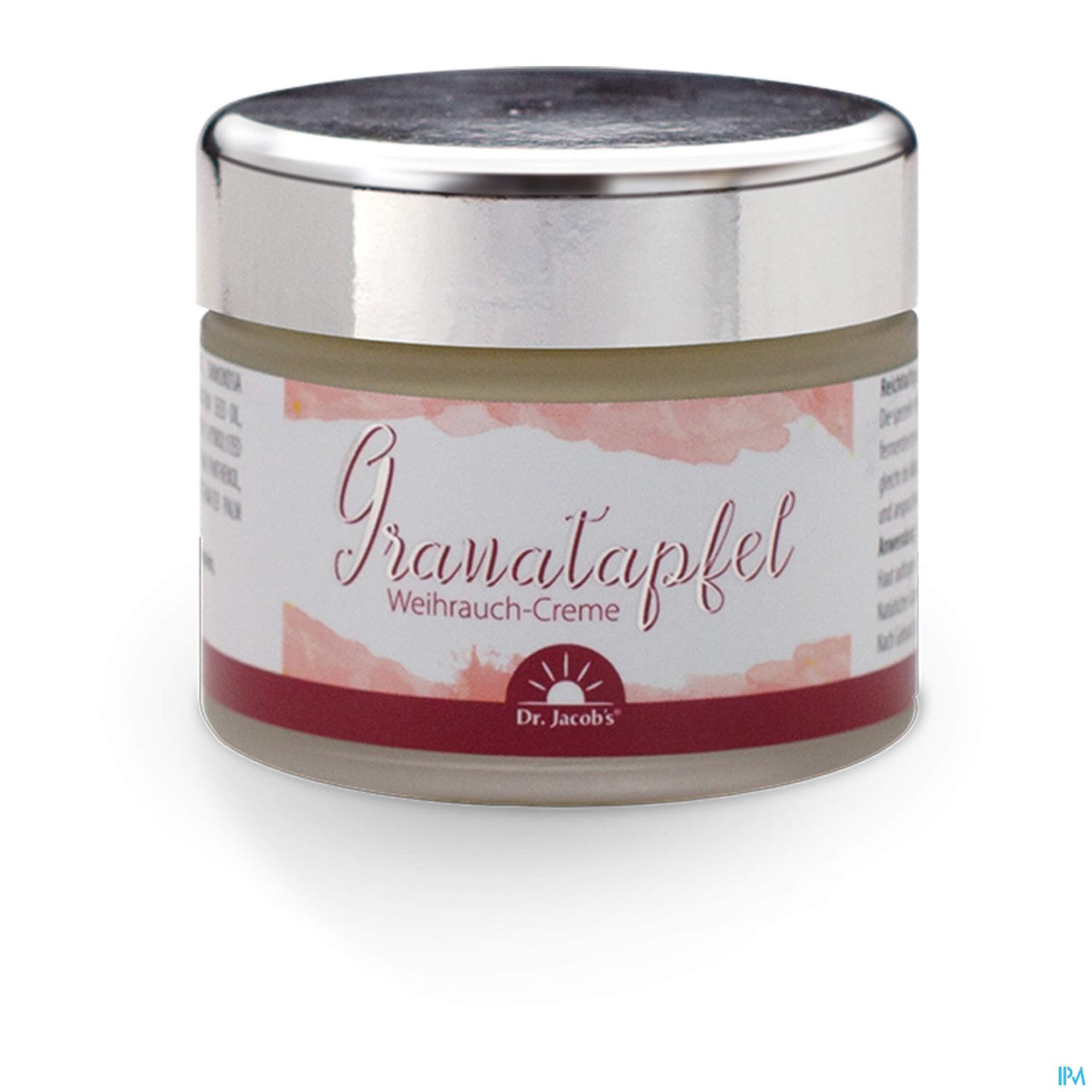 Ein Glasbehälter mit einer Creme mit der Aufschrift "Granatapfel Weihrauch-Creme" von Dr. Jacobs.