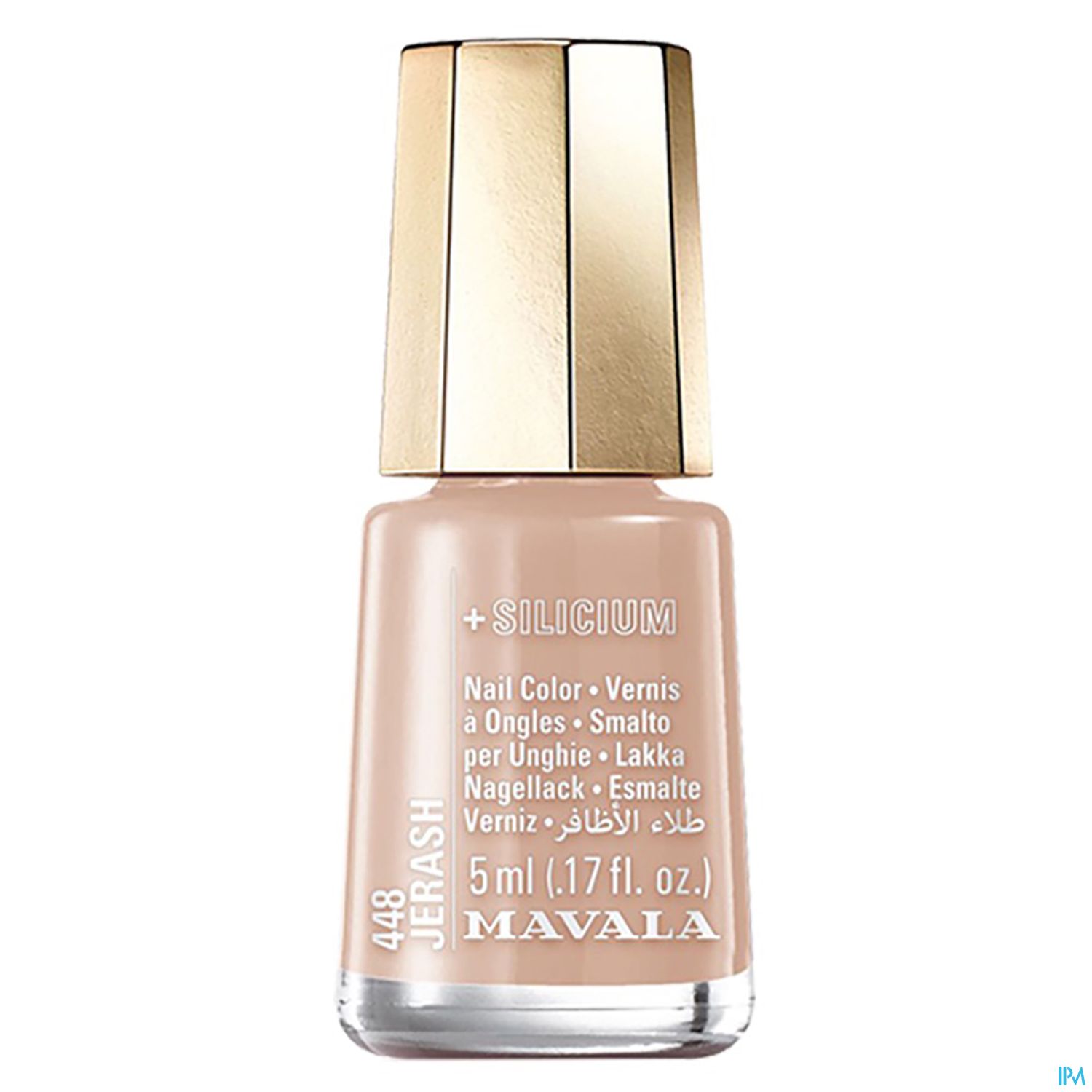 Flasche mit Nagellack in nude Farbe von Mavala, 5 ml, mit goldfarbenem Deckel.