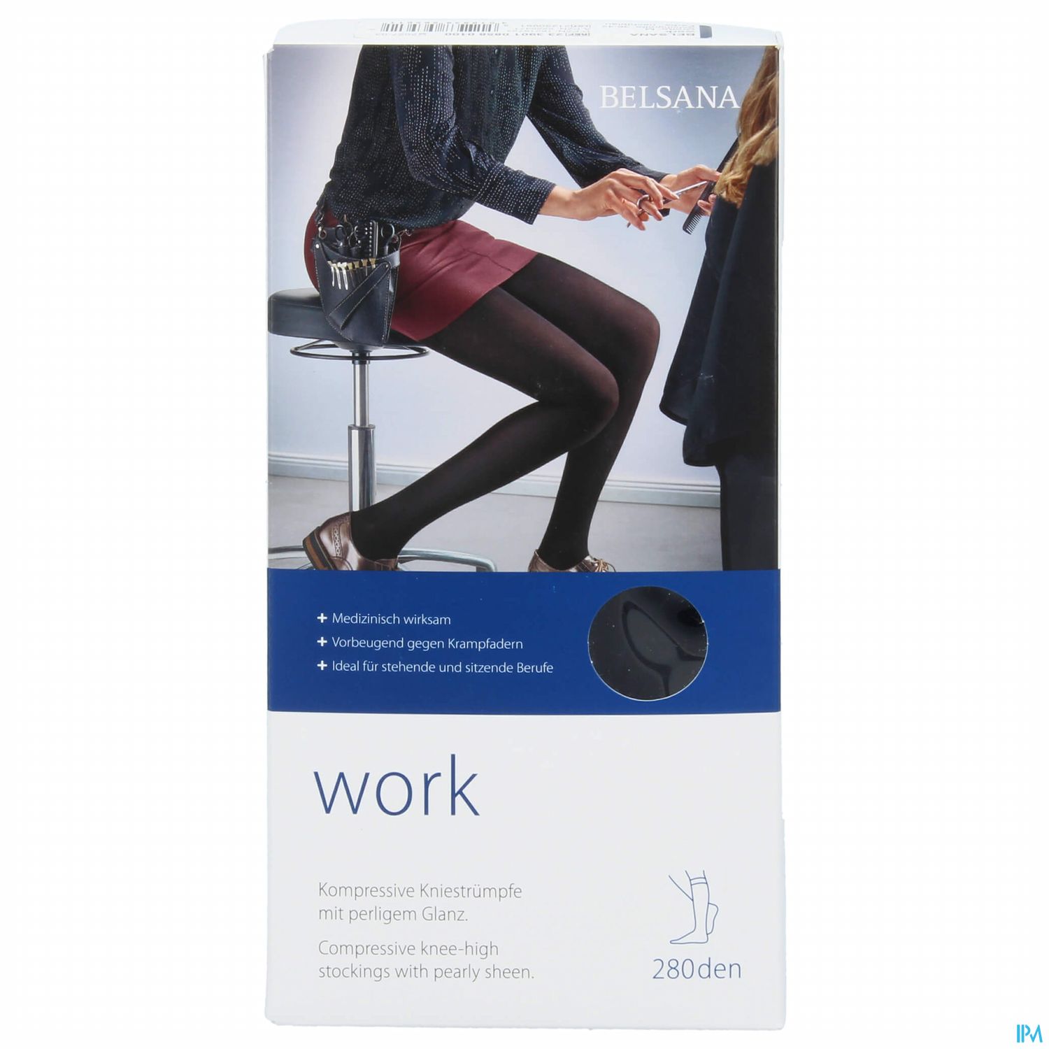 Produktverpackung für Belsana Kompressionskniestrümpfe mit glänzender Oberfläche, gekennzeichnet durch die Bezeichnung "work" und Informationen zur Verwendung in stehenden Berufen.