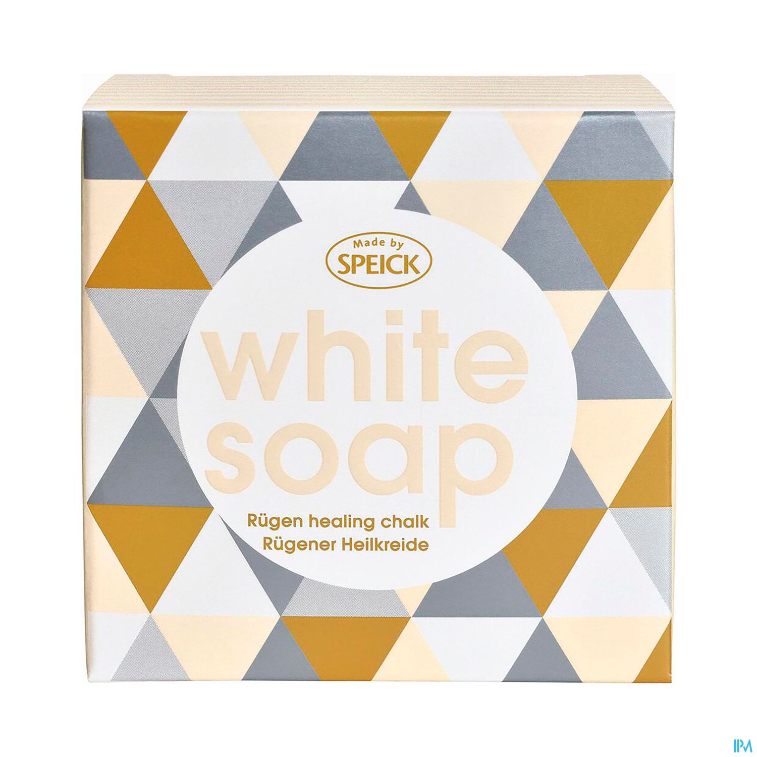 Verpackung von "White Soap" mit geometrischem Muster und dem Schriftzug "Rügen healing chalk" auf einem hellen Hintergrund.