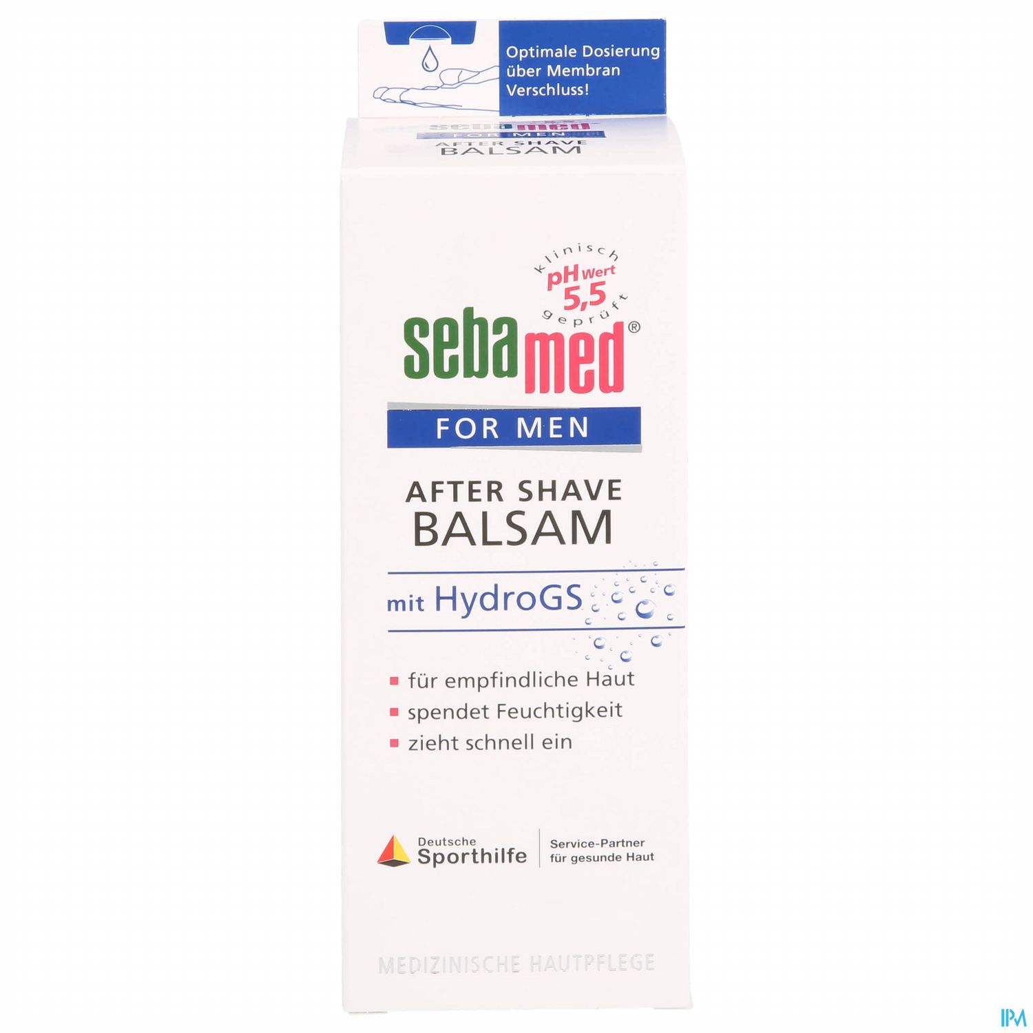 Weißer Karton mit blauen und grünen Akzenten, der sebamed After Shave Balsam für Männer zeigt, mit Hinweisen auf pH 5,5, HydroGS, und Eignung für empfindliche Haut.