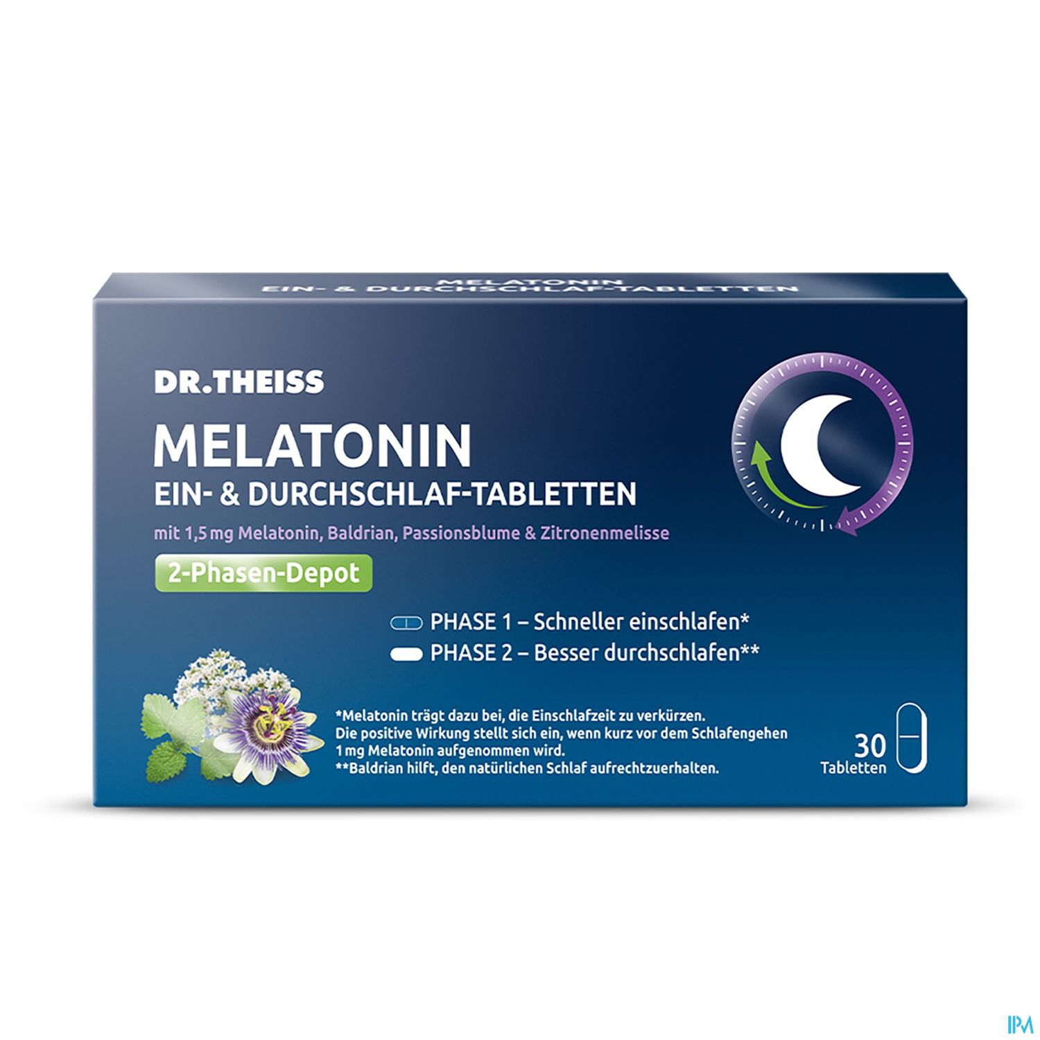 Packung von Dr. Theiss Melatonin Ein- & Durchschlaftabletten mit 30 Tabletten, mit Informationen zu den Inhaltsstoffen und den zwei Phasen der Wirkung.