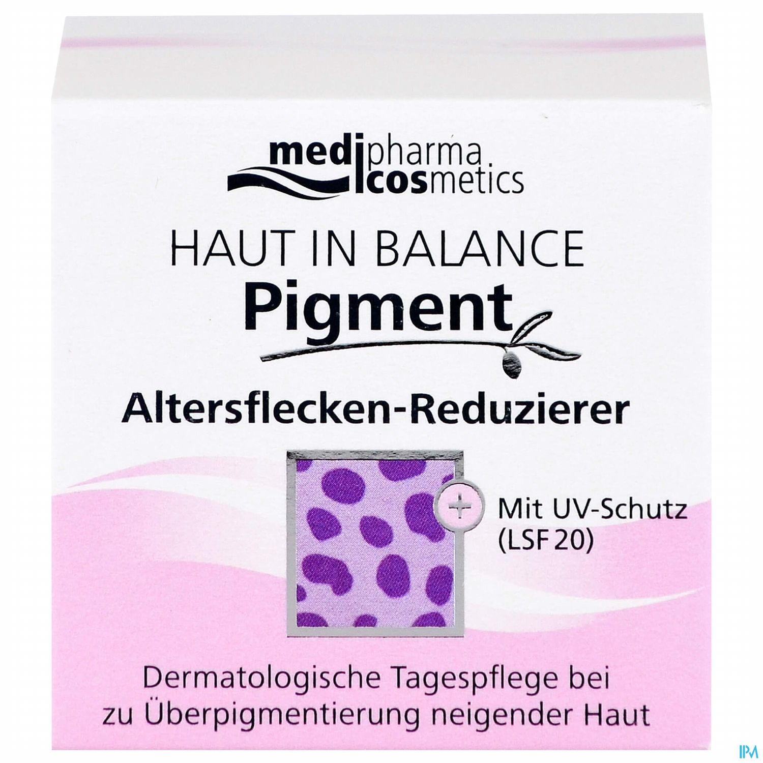 Produktverpackung für einen Altersflecken-Reduzierer mit der Bezeichnung "HAUT IN BALANCE" von mediPharma cosmetics, inklusive Hinweis auf UV-Schutz (LSF 20).