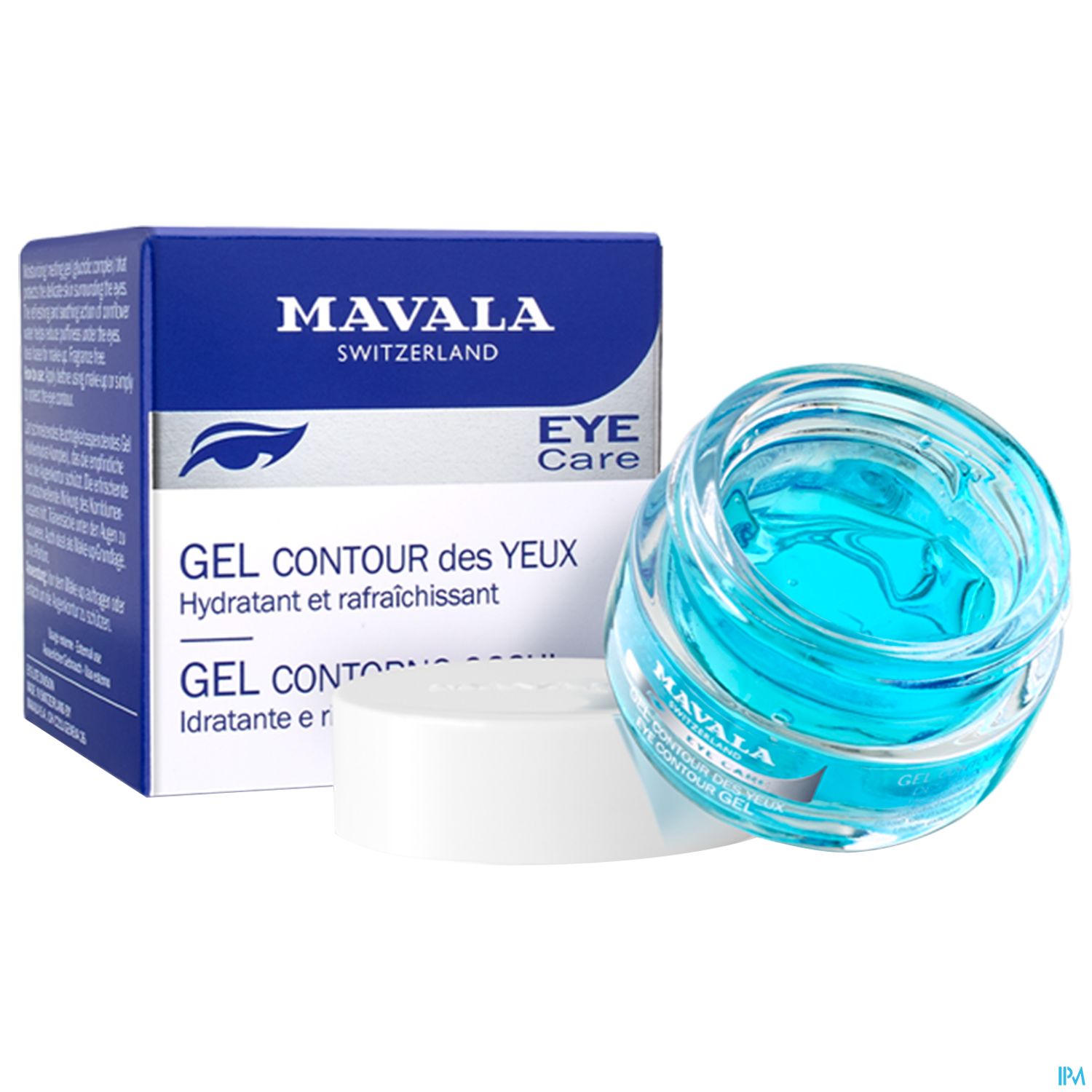 Blaues Augen-Gel in einer transparenten Dose neben einer Verpackung von Mavala.