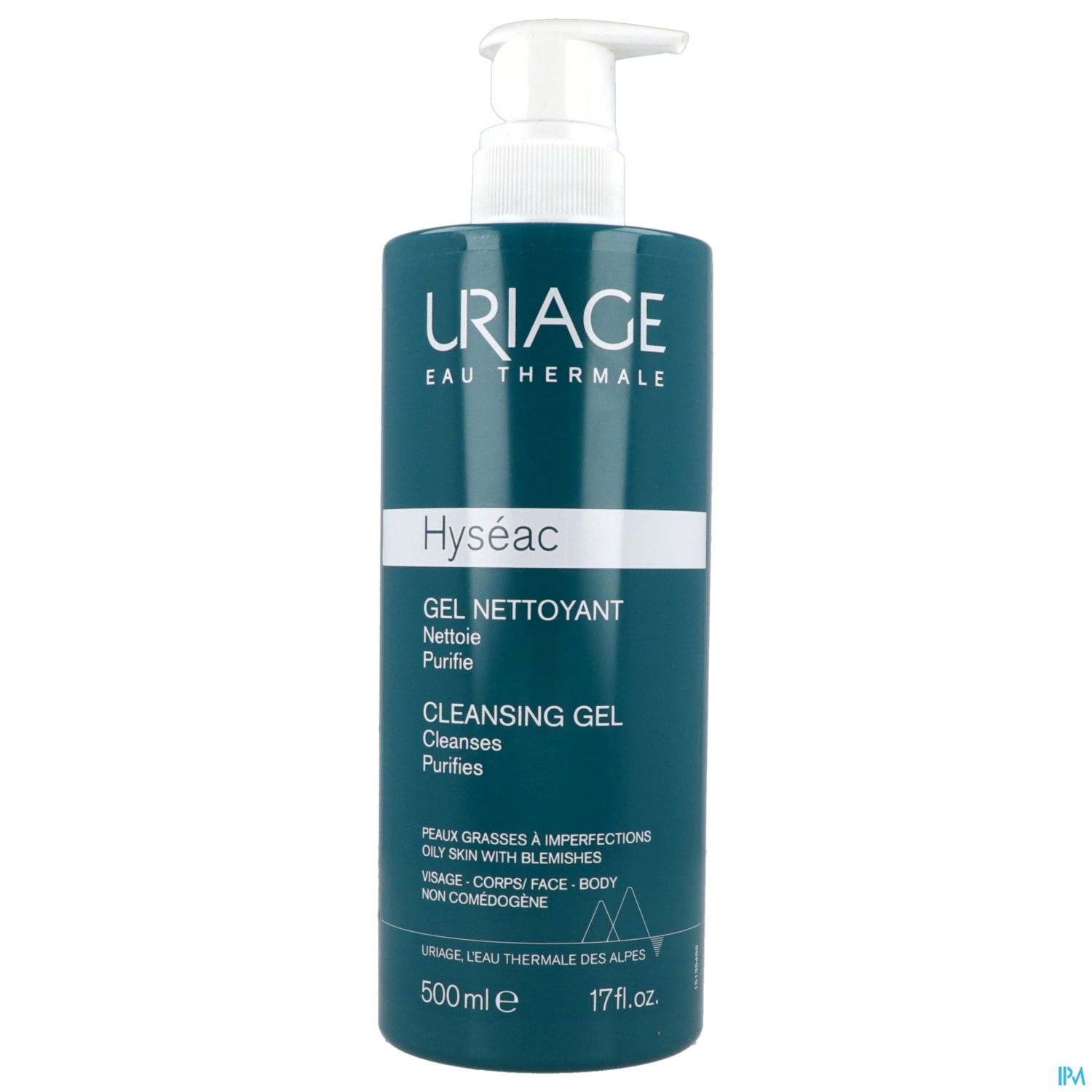 Grün-schwarze Flasche mit Pumpspender, beschriftet mit "URIAGE Hyséac Gel Nettoyant" und "Cleansing Gel", 500 ml.