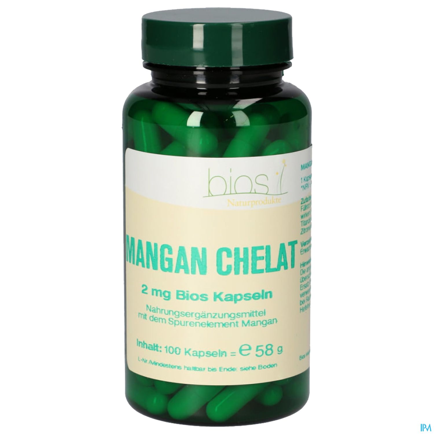 Grüne Kapseln in einer schwarzen Flasche mit Aufschrift "Mangan Chelat" und Angaben zu Inhalt und Dosierung.