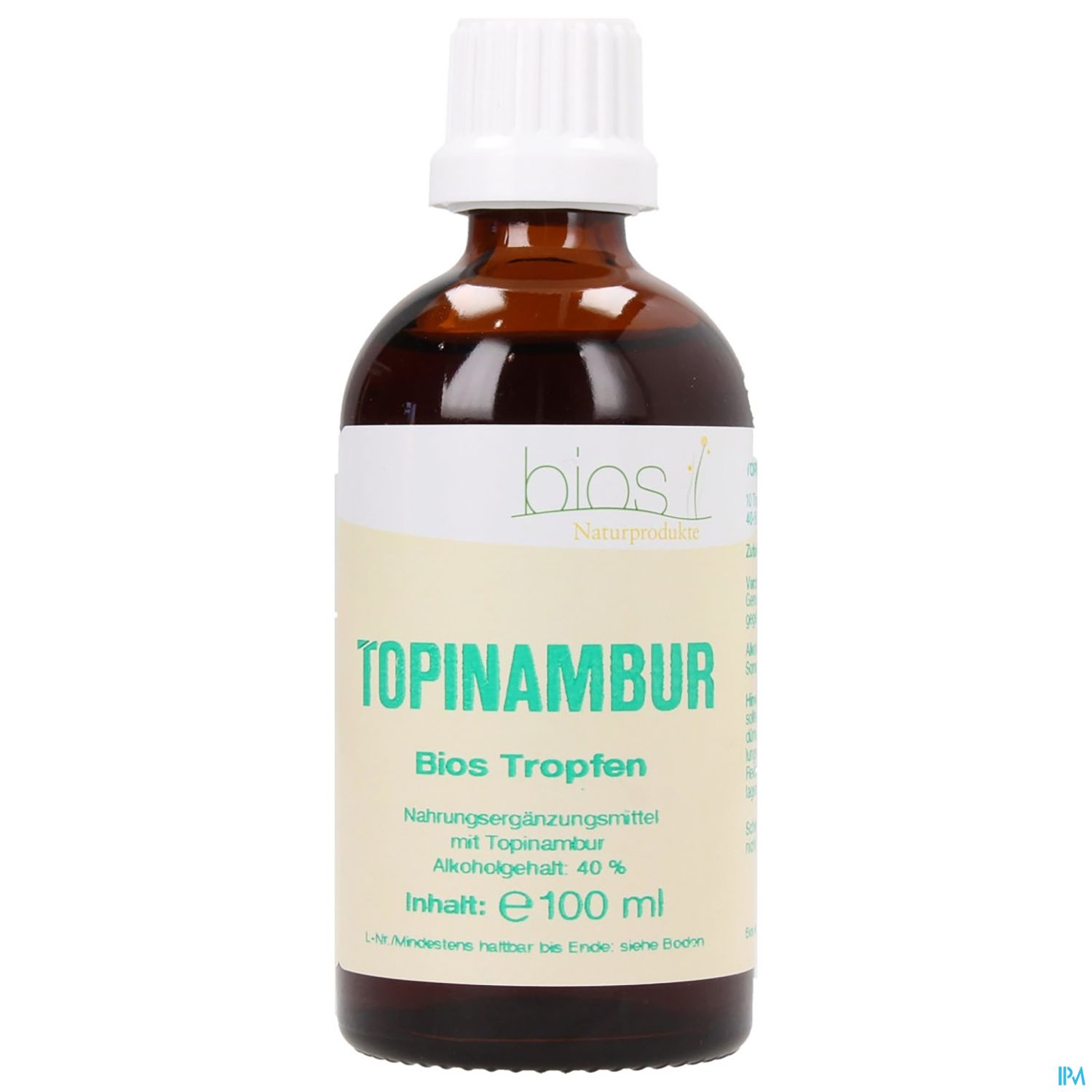 Flasche mit Bios Topinambur Tropfen, 100 ml, Nahrungsergänzungsmittel, alkoholfrei, braun mit weißem Deckel und etikettdruck.