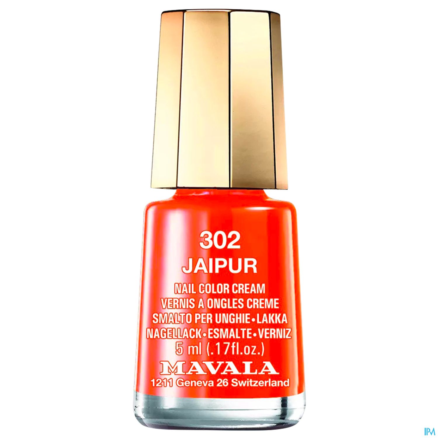 Nagellackflasche in leuchtendem Orange mit schwarzer und goldener Schrift, bezeichnet mit "302 JAIPUR" und dem Markennamen "MAVALA".