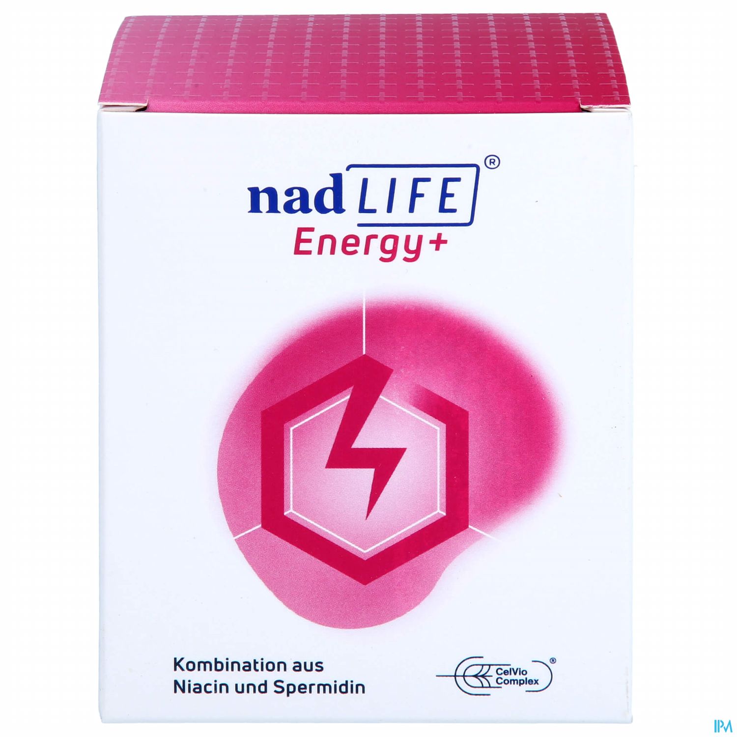 Verpackung von nadLIFE Energy+, präsentiert in einer weißen Box mit rosa Akzenten und einem Blitzelement.