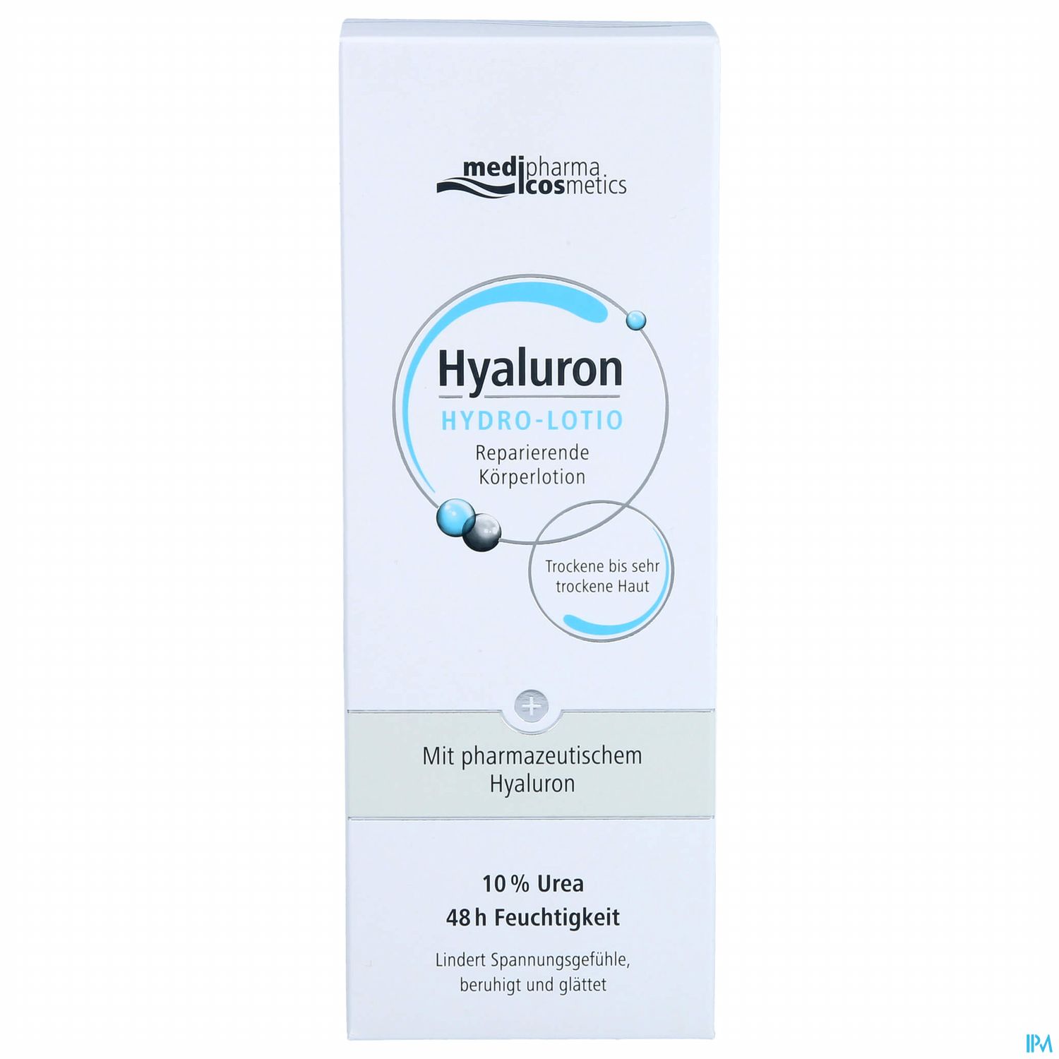 Verpackung einer Reparierenden Körperlotion mit Hyaluron, 10 % Urea und der Aufschrift "Lindert Spannungsgefühle, beruhigt und glättet".