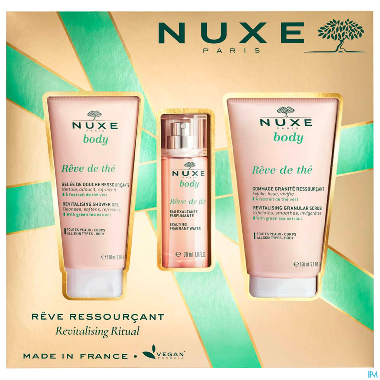 Produktverpackung der NUXE Body Rêve de Thé Serie mit drei Pflegeprodukten: Duschgel, Gesichtswasser und Körperpeeling.