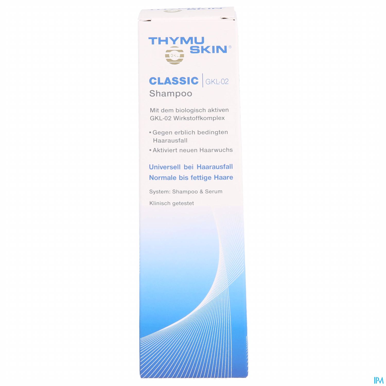 Verpackung eines Shampoos mit der Aufschrift "THYMUSKIN CLASSIC Shampoo GKL-02", das gegen erblich bedingten Haarausfall wirkt und für fettiges Haar geeignet ist.
