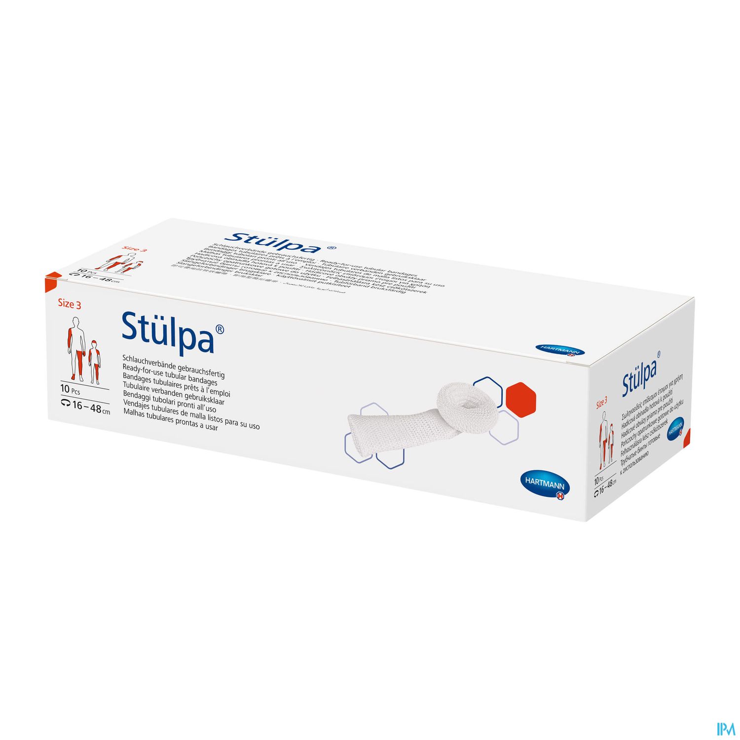 Verpackung des Produkts „Stülpa“, elastische Binde in Größe 3, mit Anwendungshinweisen und Herstellerlogo.