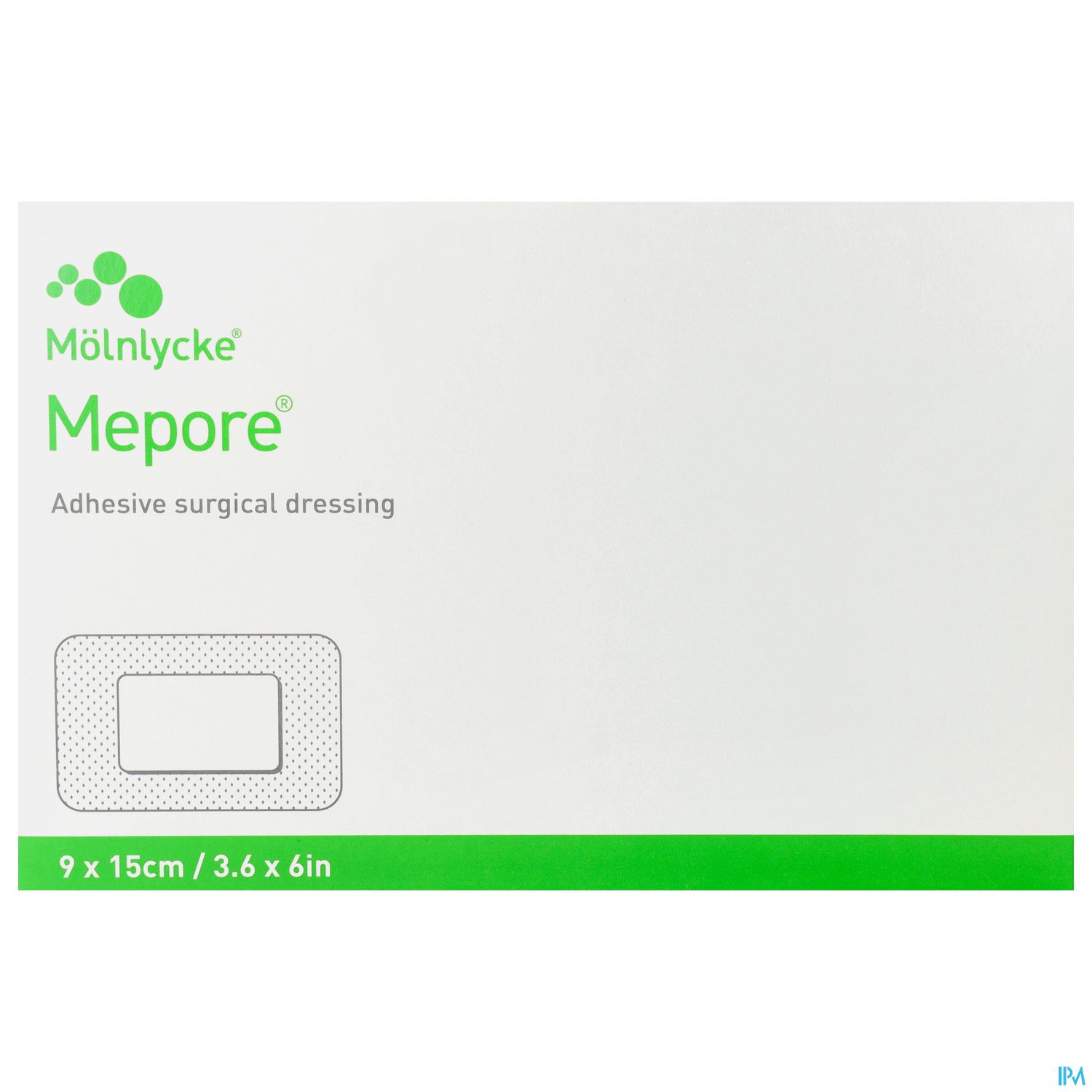 Verpackung eines Mepore® Wundschnellverbandes von Mölnlycke, Größe 9 x 15 cm.