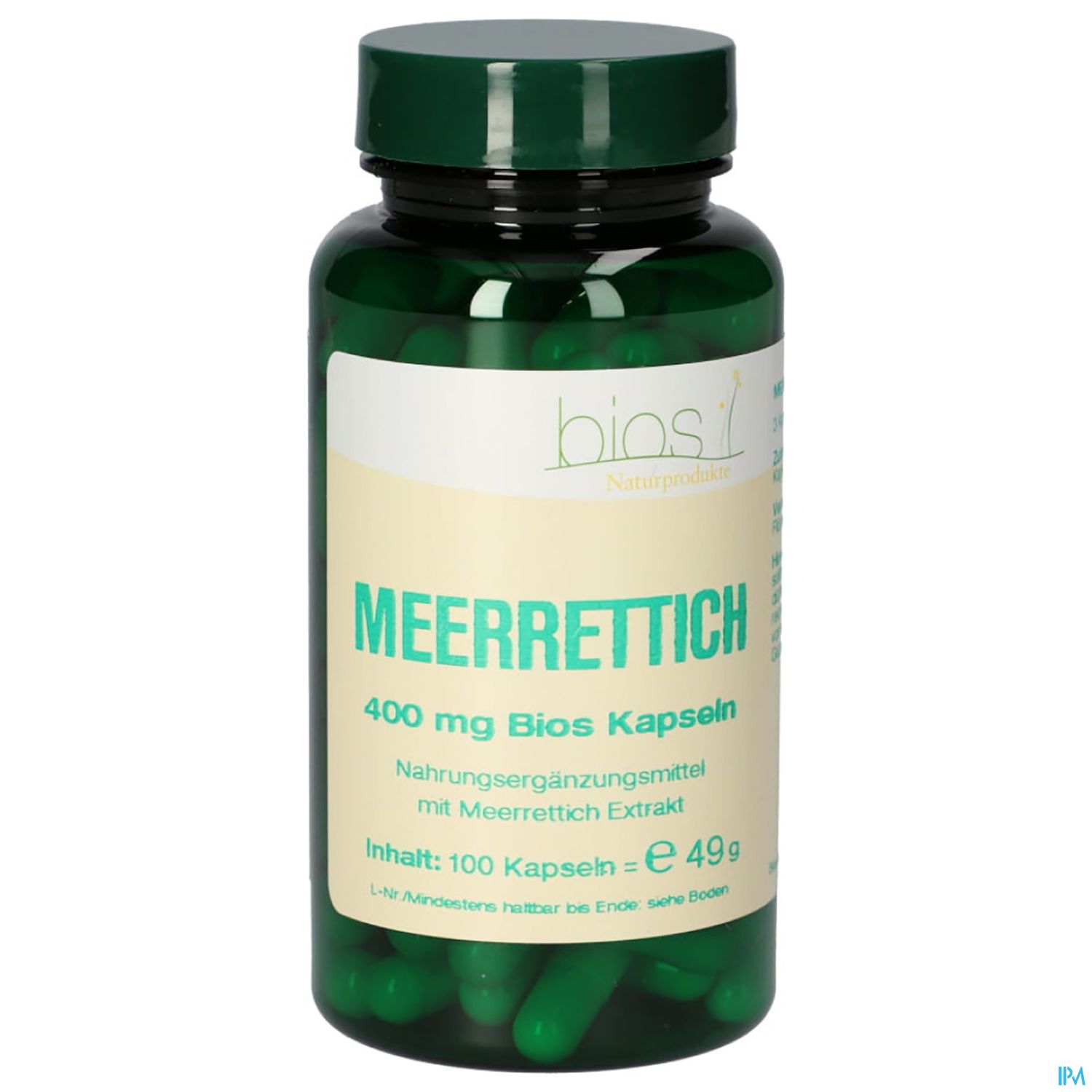 Grüne Kapseln in einer transparenten Flasche mit dem Etikett "Meerrettich 400 mg Bios Kapseln, Nahrungsergänzungsmittel mit Meerrettich Extrakt, Inhalt: 100 Kapseln".