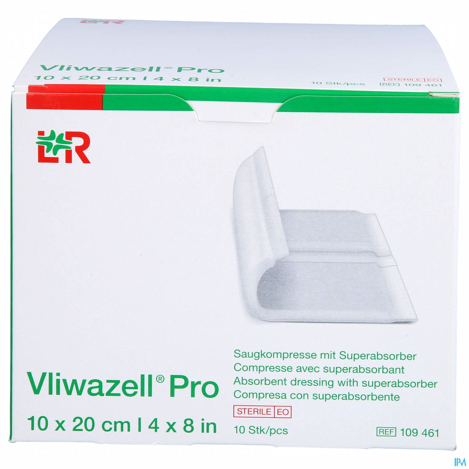 Verpackung einer Saugkompresse "Vliwazell Pro" mit Angaben zu Größe (10 x 20 cm), Inhalt (10 Stück) und Produkttyp.