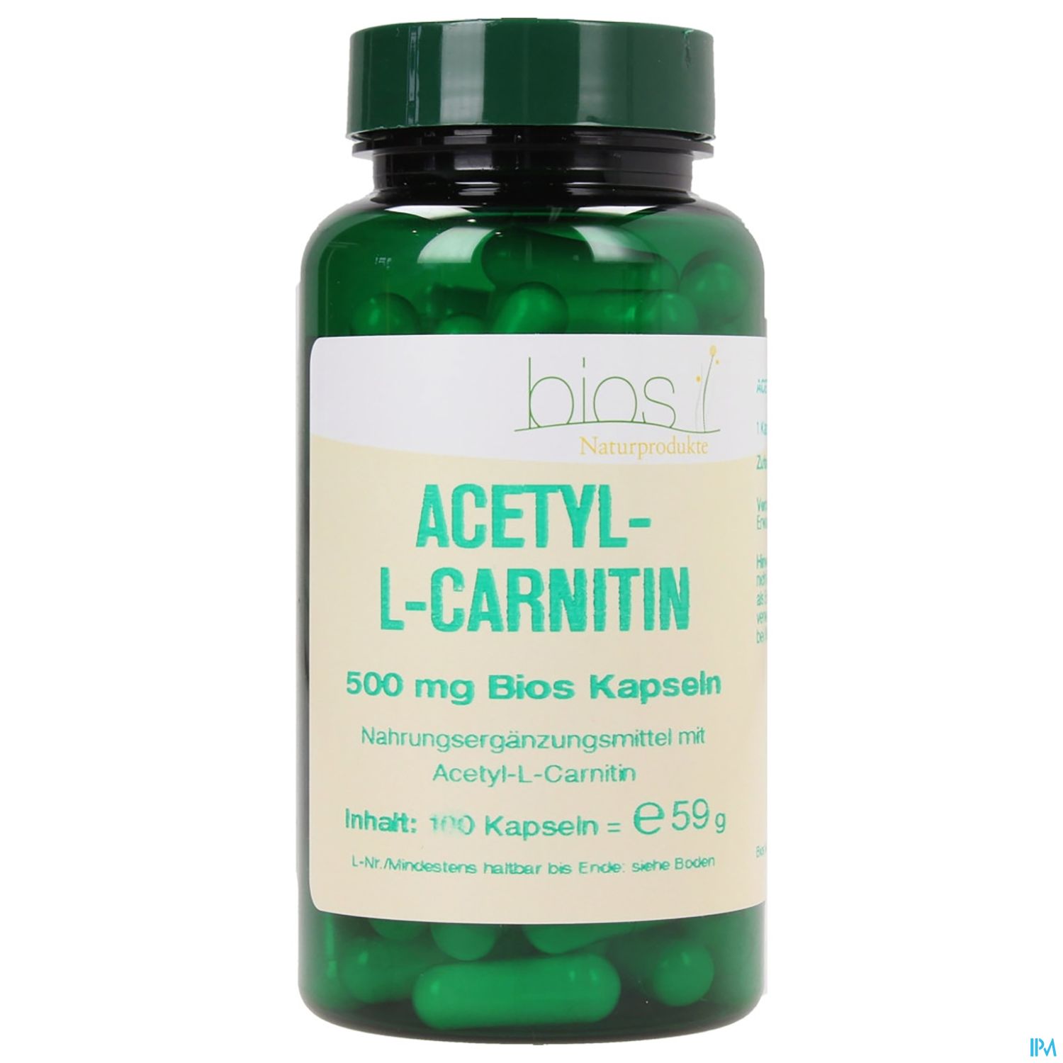 Grüne Kapseln in einer transparenten Flasche mit dem Etikett "Acetyl-L-Carnitin 500 mg Bios Kapseln".