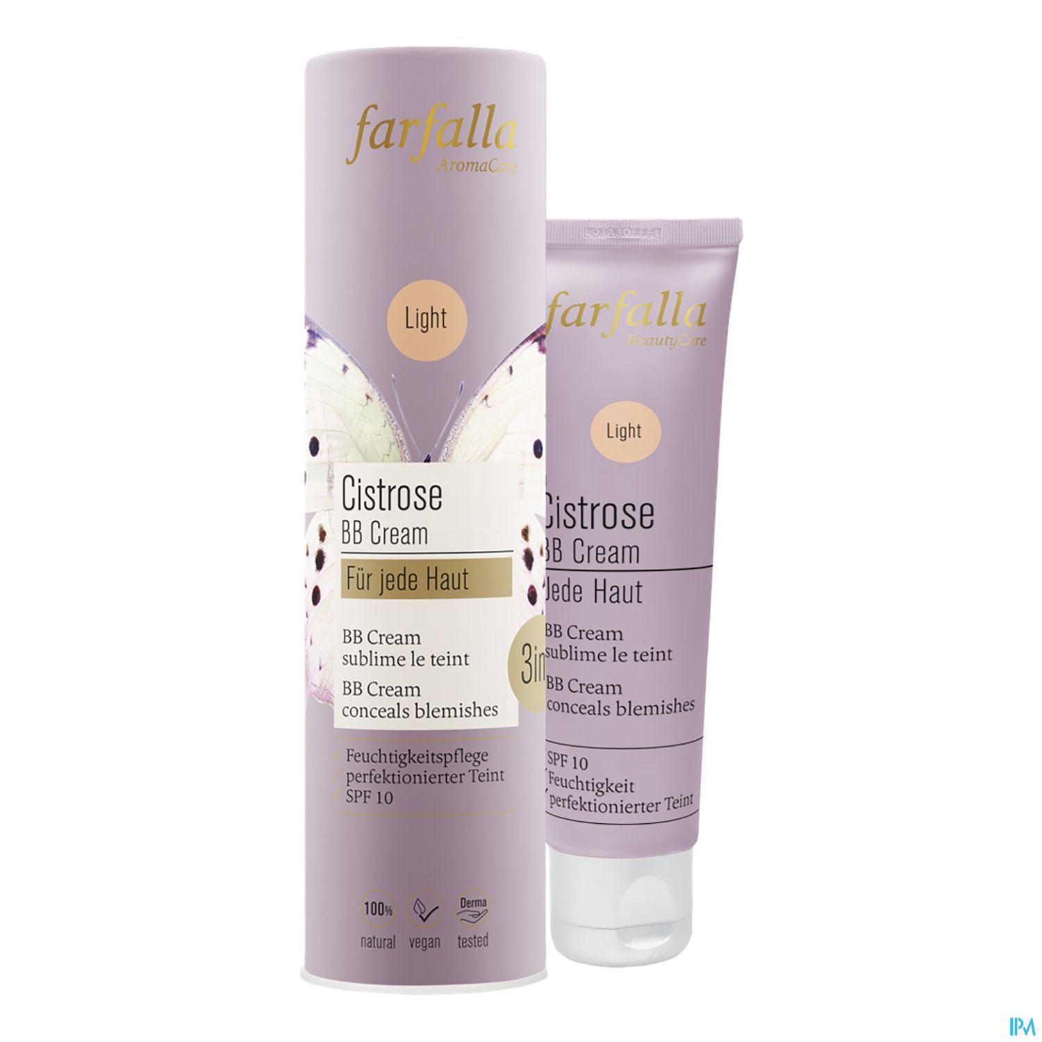 Produktabbildung der Farfalla Cistrose BB Cream für jede Haut in einer hellen Verpackung mit Angaben zur Anwendung und Inhaltsstoffen.