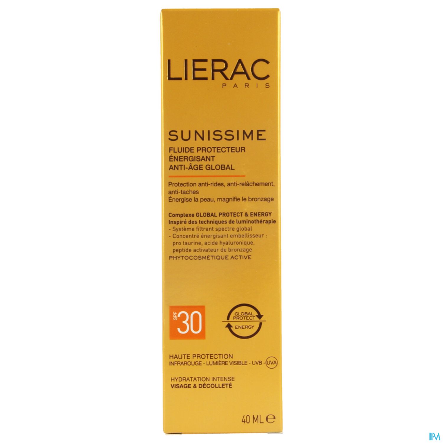 Produktverpackung von Lierac Paris Sunissime Fluid, 40 ml, mit Angaben zu Sonnenschutz, Anti-Aging und Hydratation.