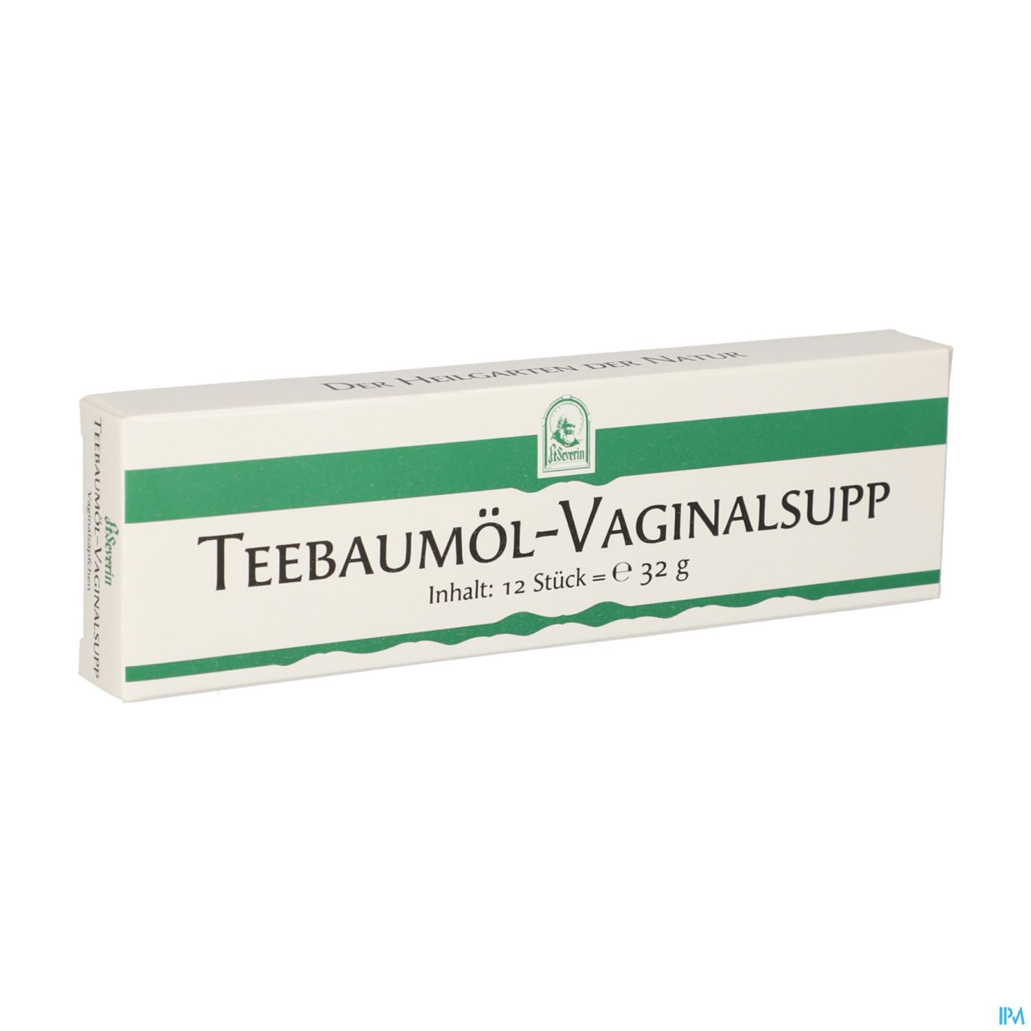 Bild einer Verpackung von Teebaumöl-Vaginalsupp, mit der Aufschrift "Teebaumöl-Vaginalsupp" und Angaben zum Inhalt.
