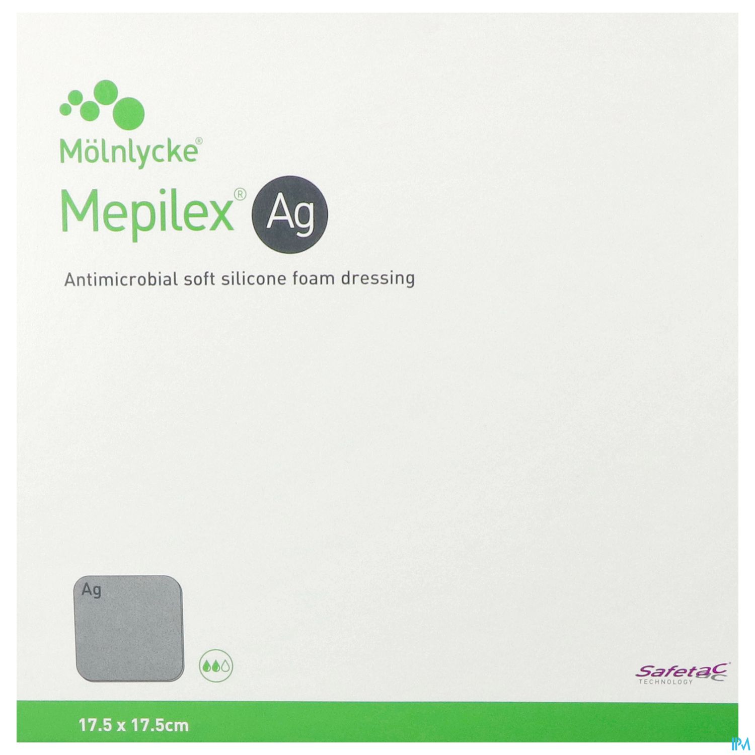 Verpackung eines antimikrobiellen, weichen Silikonverbands "Mepilex Ag" von Mölnlycke, 17,5 x 17,5 cm.