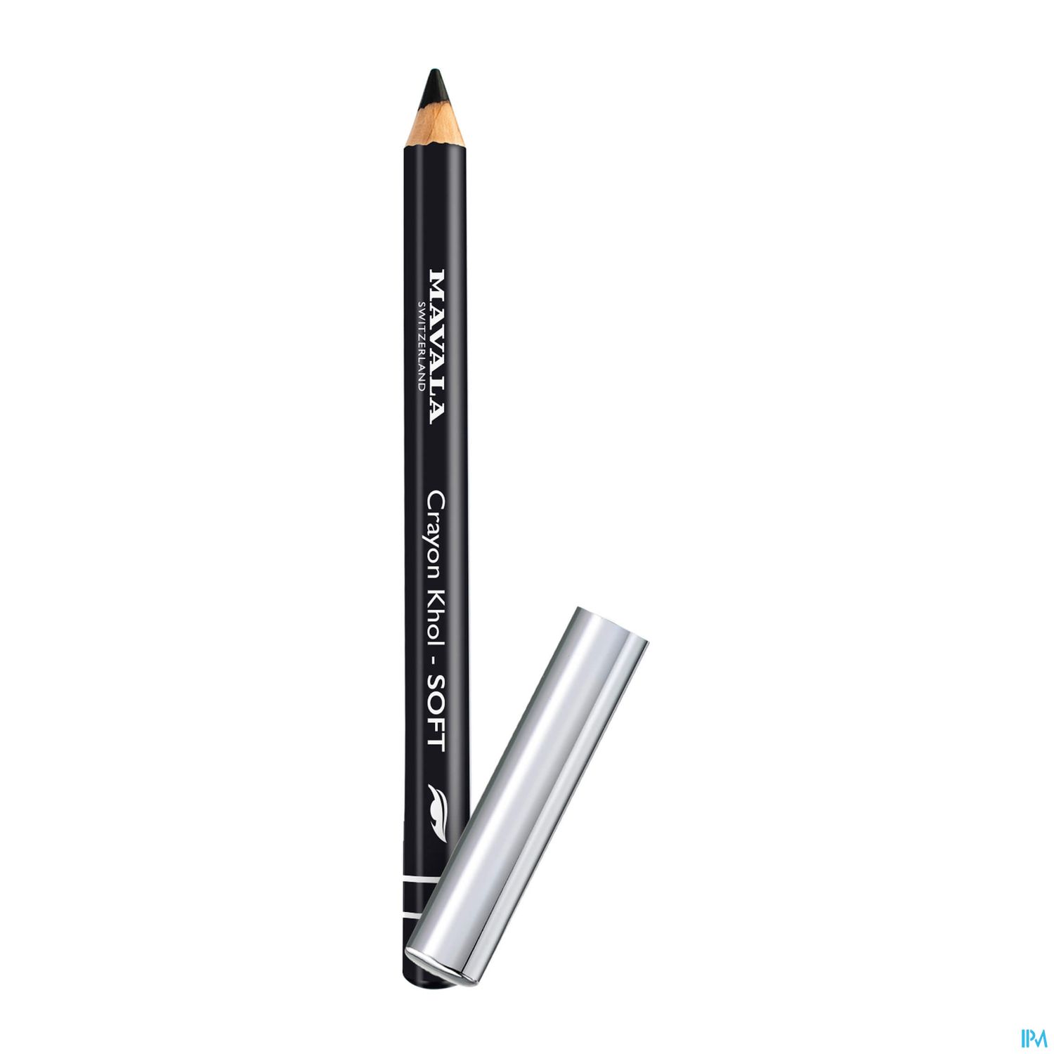 Schwarzer Kajalstift mit Holzspitze und silberner Kappe.