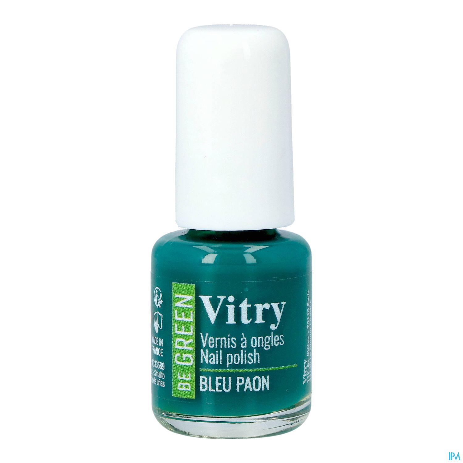 Grüne Nagellackflasche mit weißem Deckel und der Aufschrift "Vitry Vernis à ongles Nail polish Bleu Paon".
