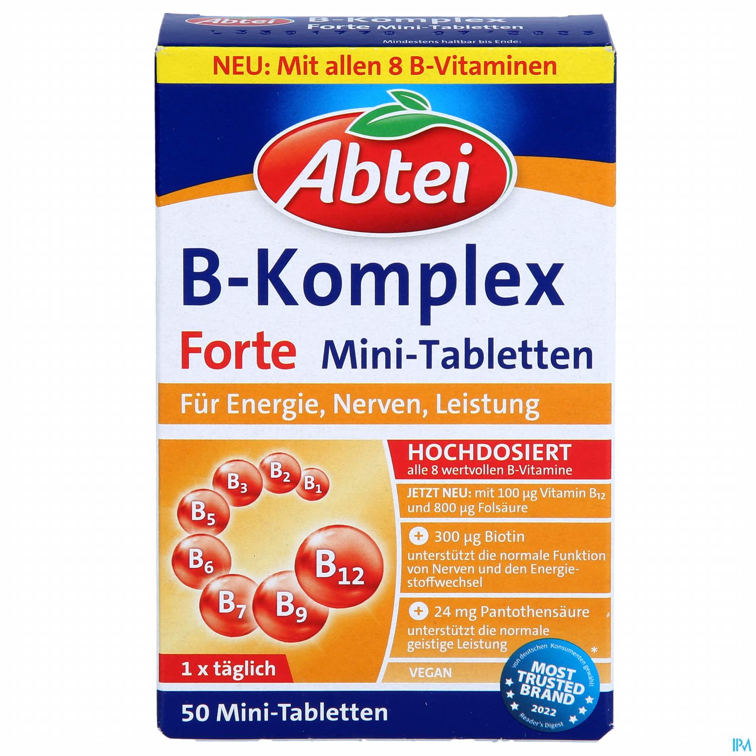 Packung von Abtei B-Komplex Forte Mini-Tabletten mit Hinweisen zu den enthaltenen B-Vitaminen und deren Nutzen für Energie, Nerven und Leistung.