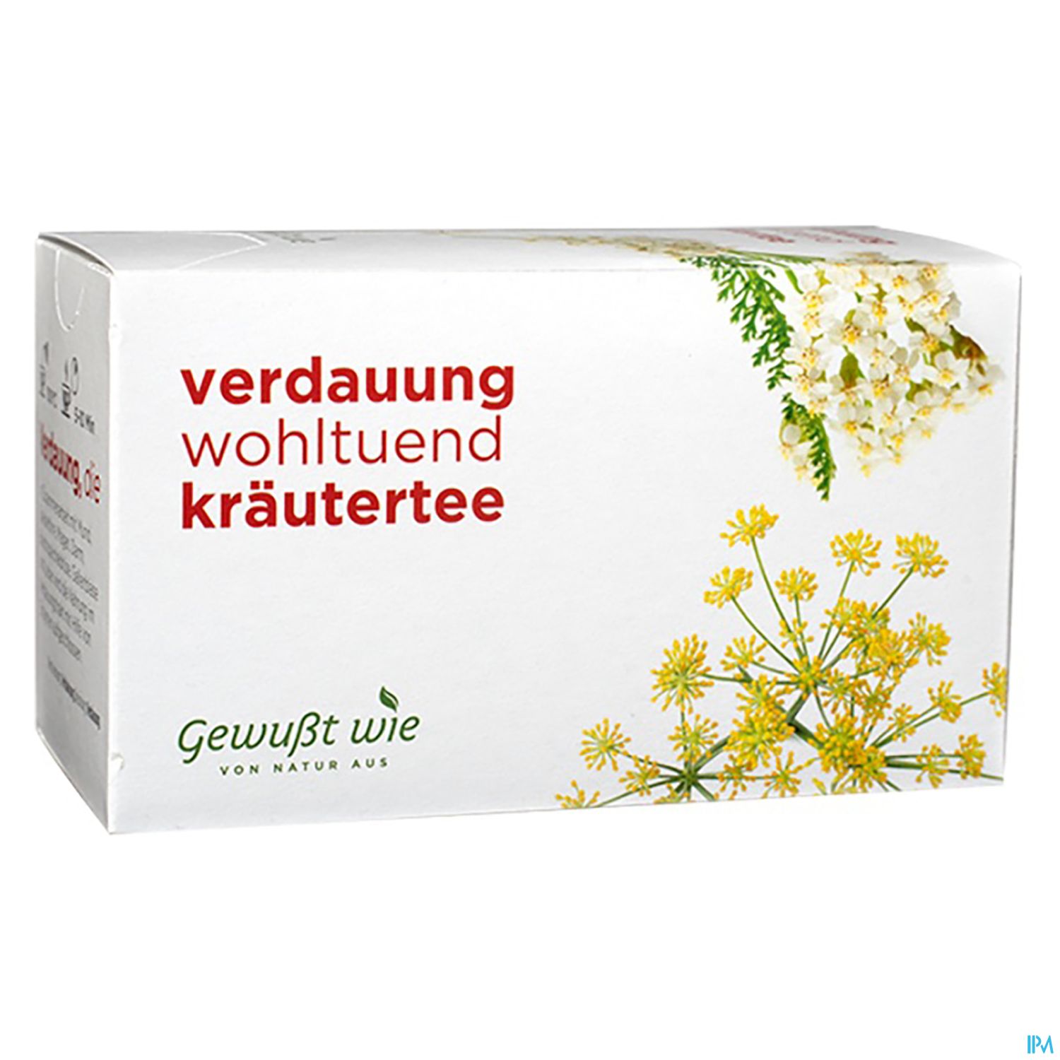 Verpackung von Verdauungs- und wohltuendem Kräutertee mit floralem Design.