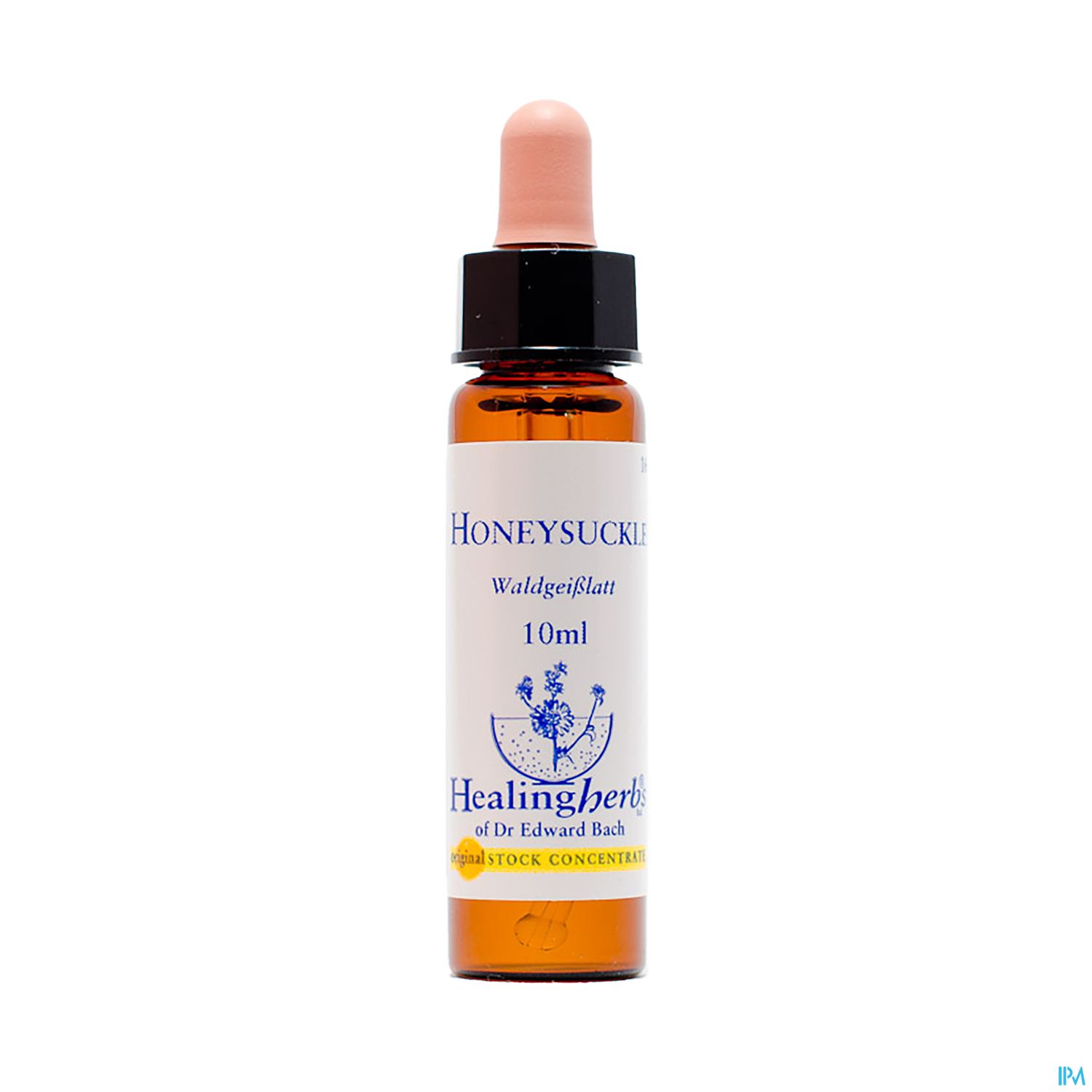Braunglasflasche mit Pipette und Etikett "Honeysuckle Waldegeflächt 10ml" von Healingherbs.