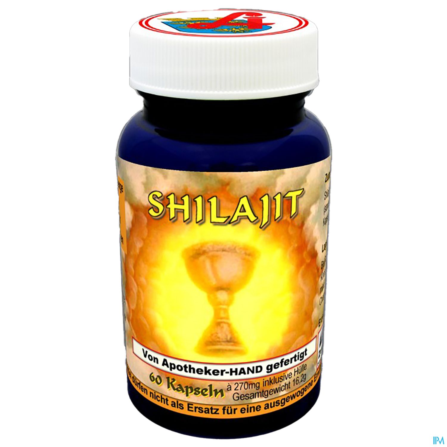 Blauer Behälter mit dem Aufdruck „SHILAJIT“, enthält 60 Kapseln à 270 mg, hergestellt von einem Apotheker.