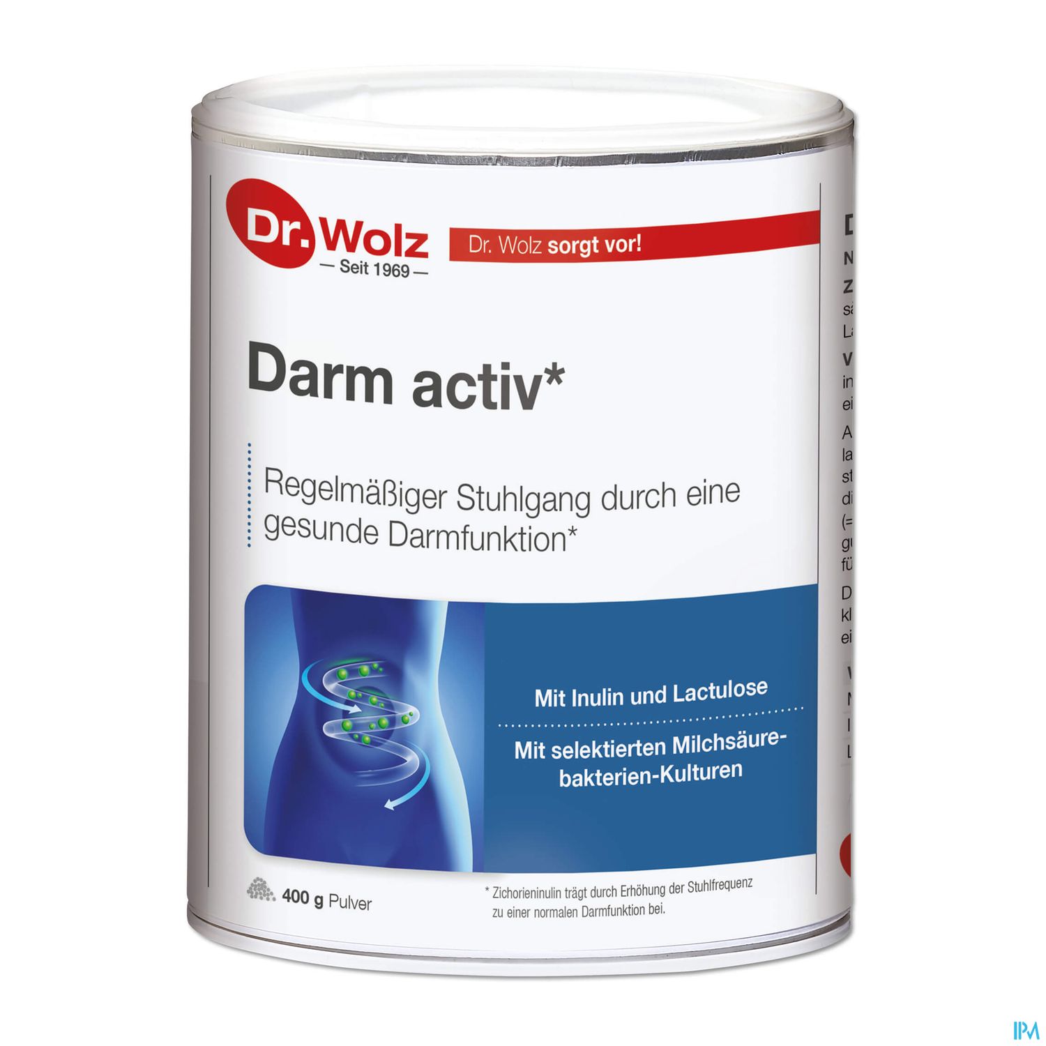 Dose mit dem Produkt "Darm activ" von Dr. Wolz, zur Unterstützung eines regelmäßigen Stuhlgangs und einer gesunden Darmfunktion, 400 g Pulver.
