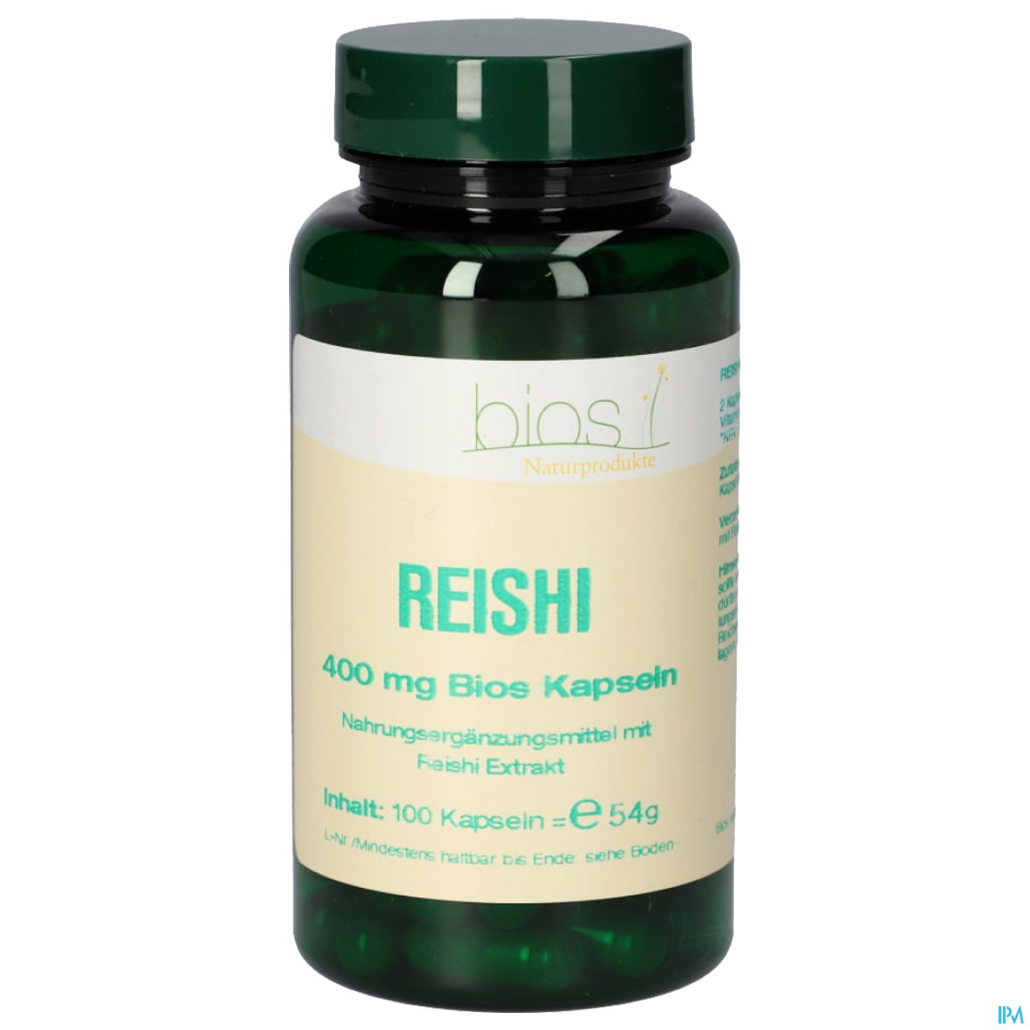 Grüne Flasche mit Nahrungsergänzungsmitteln, beschriftet mit "REISHI 400 mg Bios Kapseln", Inhalt: 100 Kapseln.