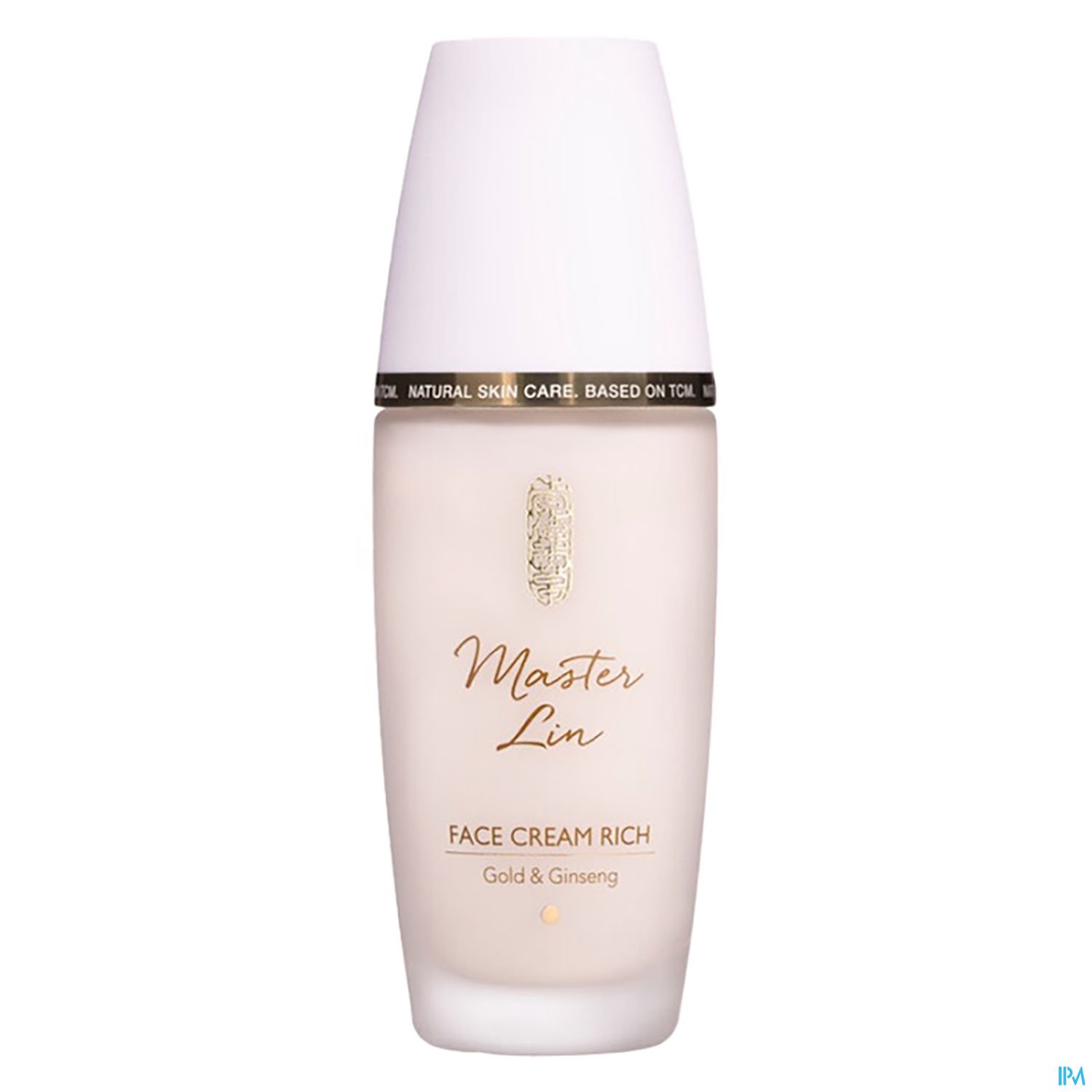 Flasche mit Gesichtscreme "Master Lin Face Cream Rich" in weiß mit goldenen Akzenten und der Aufschrift "Gold & Ginseng".