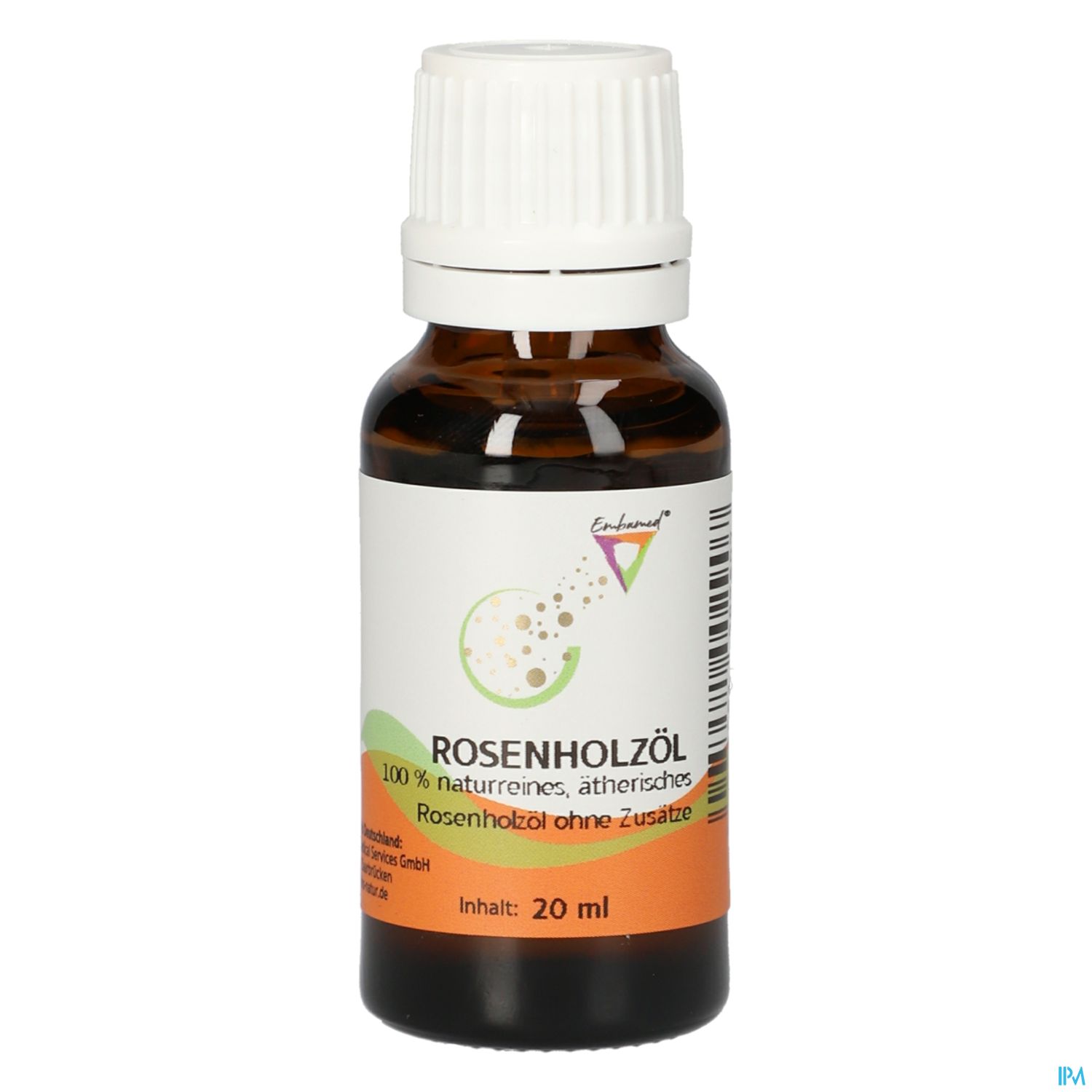 Braune Flasche mit 20 ml Rosenholzöl, beschriftet mit "100 % naturreines, ätherisches Rosenholzöl ohne Zusätze".